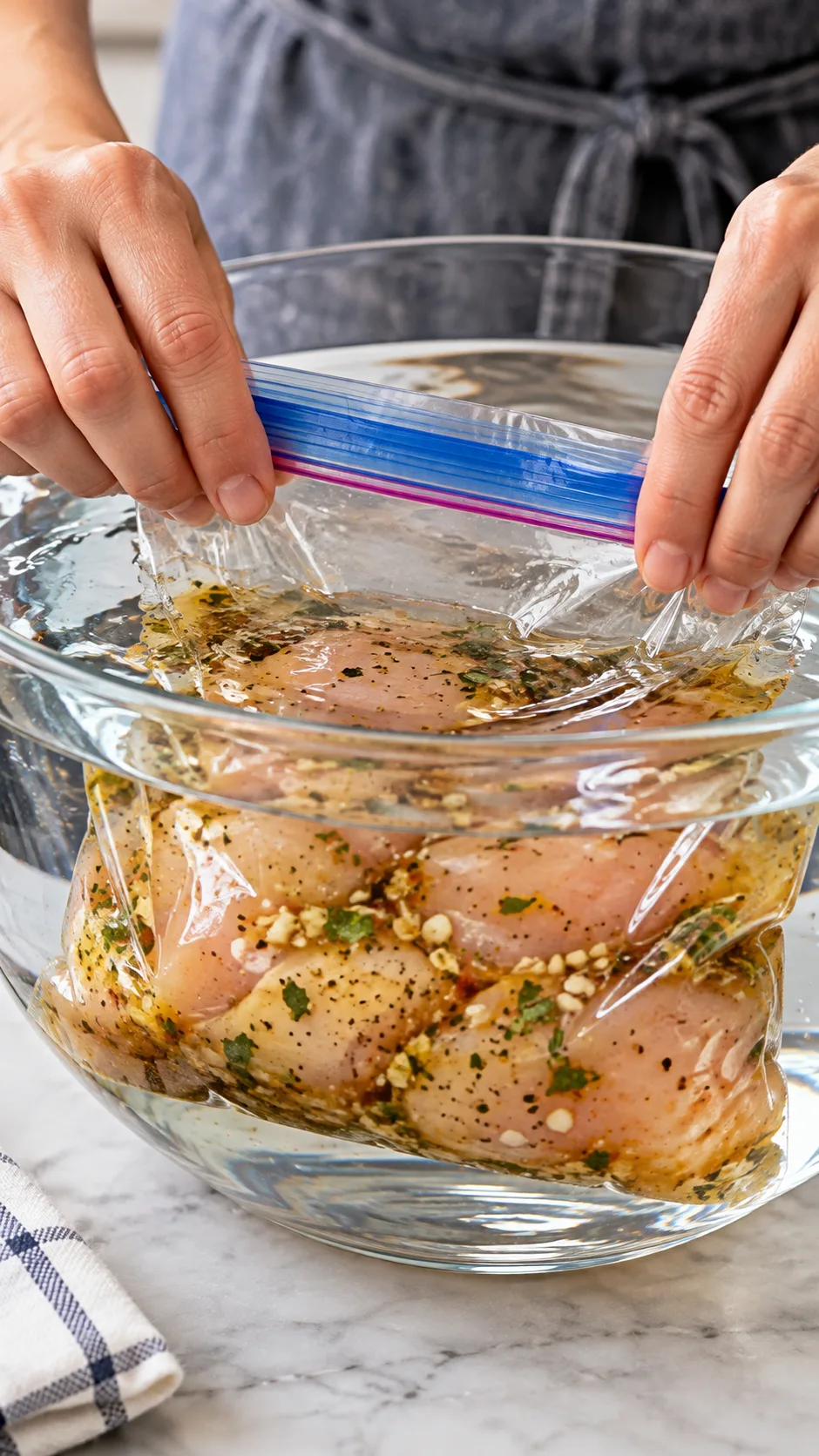Close up shot of a person using the water displacement method to submerge a zip top bag filled with raw marinated chicken into a bowl of water to remove all air