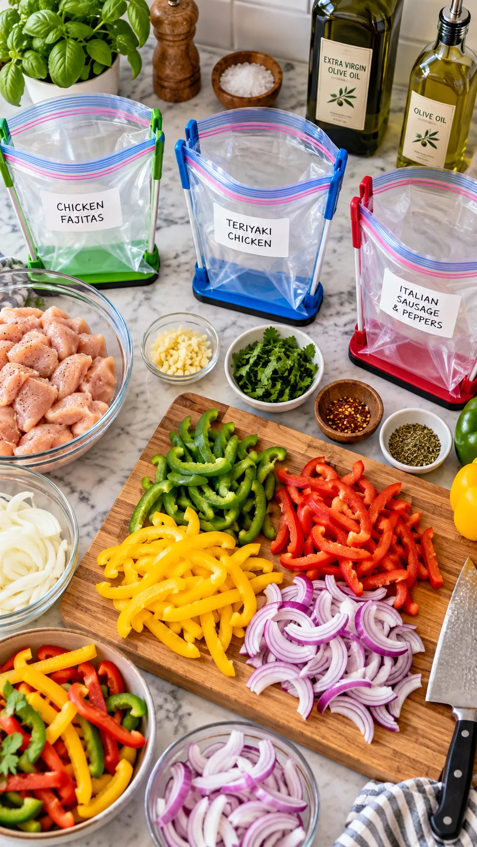 Overhead view of a kitchen prep counter with colorful chopped bell peppers, onions, bottles of olive oil, and labeled freezer bags propped open on stands ready for ingredients