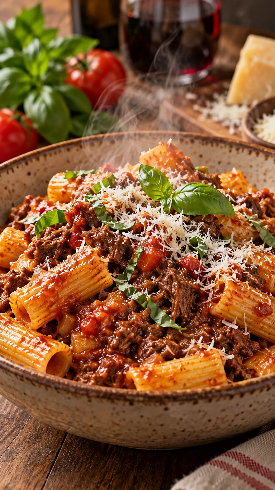 A steaming bowl of freshly boiled rigatoni pasta tossed with a rich, glossy dark red Tuscan beef ragu and topped with freshly grated parmesan cheese and fresh basil leaves
