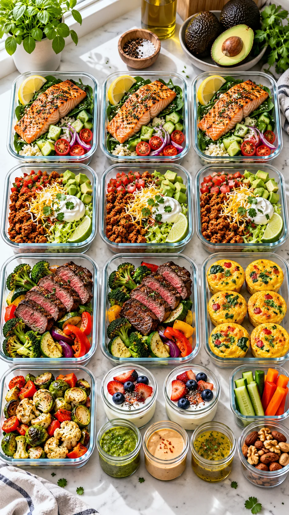 Bright realistic food photography of a weekly low carb high protein meal prep spread on a light kitchen counter, featuring colorful glass containers with salmon bowls, turkey taco bowls, steak and vegetables, egg muffins, Greek yogurt snacks, roasted vegetables, avocado, sauces in small jars, natural window light, overhead editorial composition