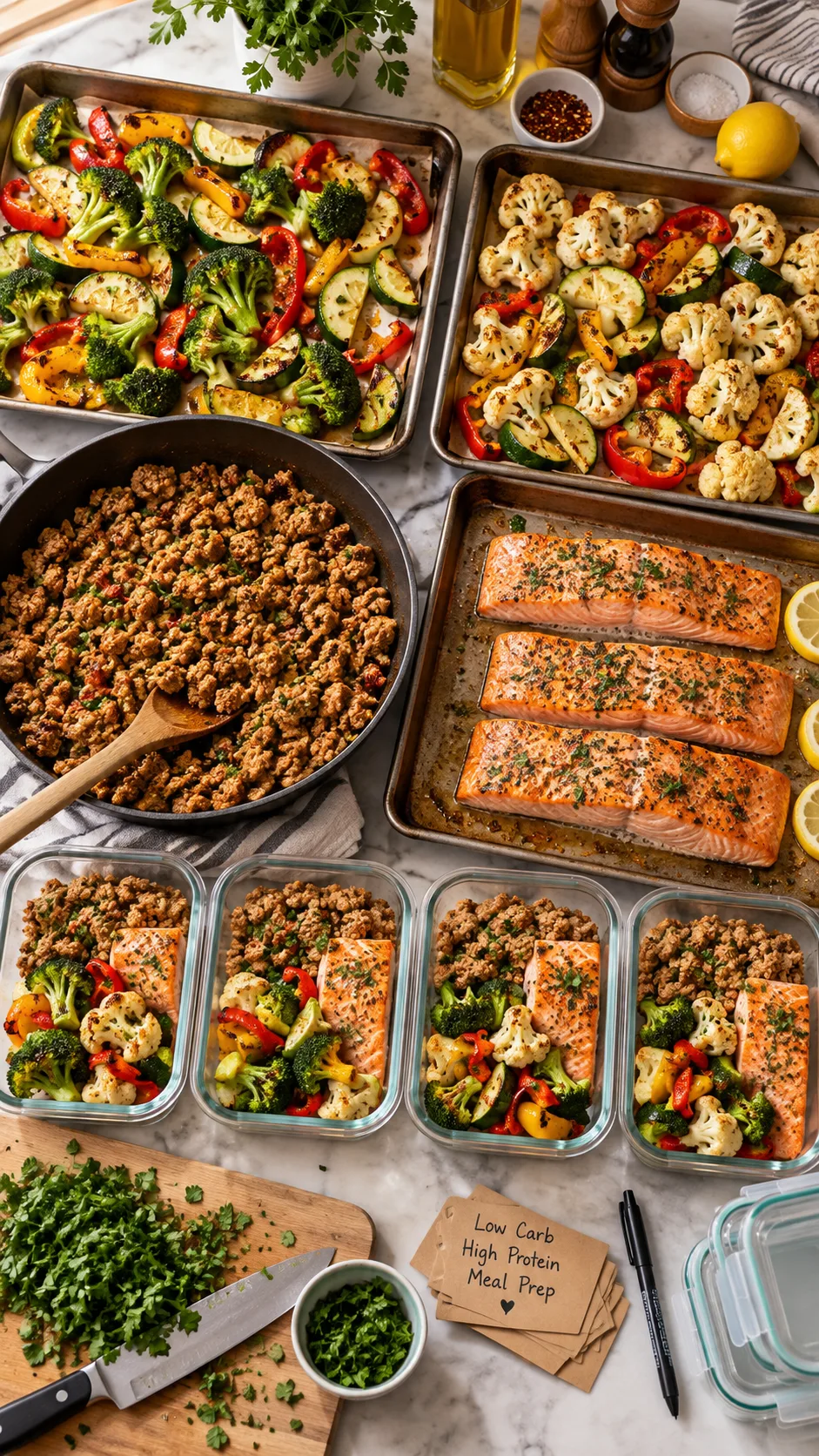 Realistic overhead kitchen photography of low carb high protein meal prep in progress, two roasting trays filled with broccoli peppers zucchini and cauliflower, skillet with seasoned ground turkey, salmon fillets, glass containers, chopped herbs, meal prep labels, warm natural light, clean practical home kitchen