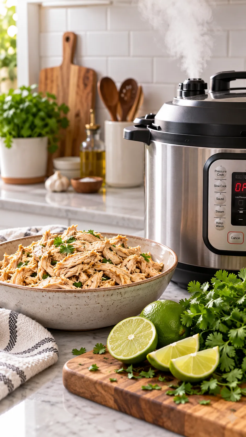A clean kitchen counter showing a pressure cooker releasing steam next to a bowl of freshly cooked shredded chicken and a cutting board with freshly sliced limes and cilantro