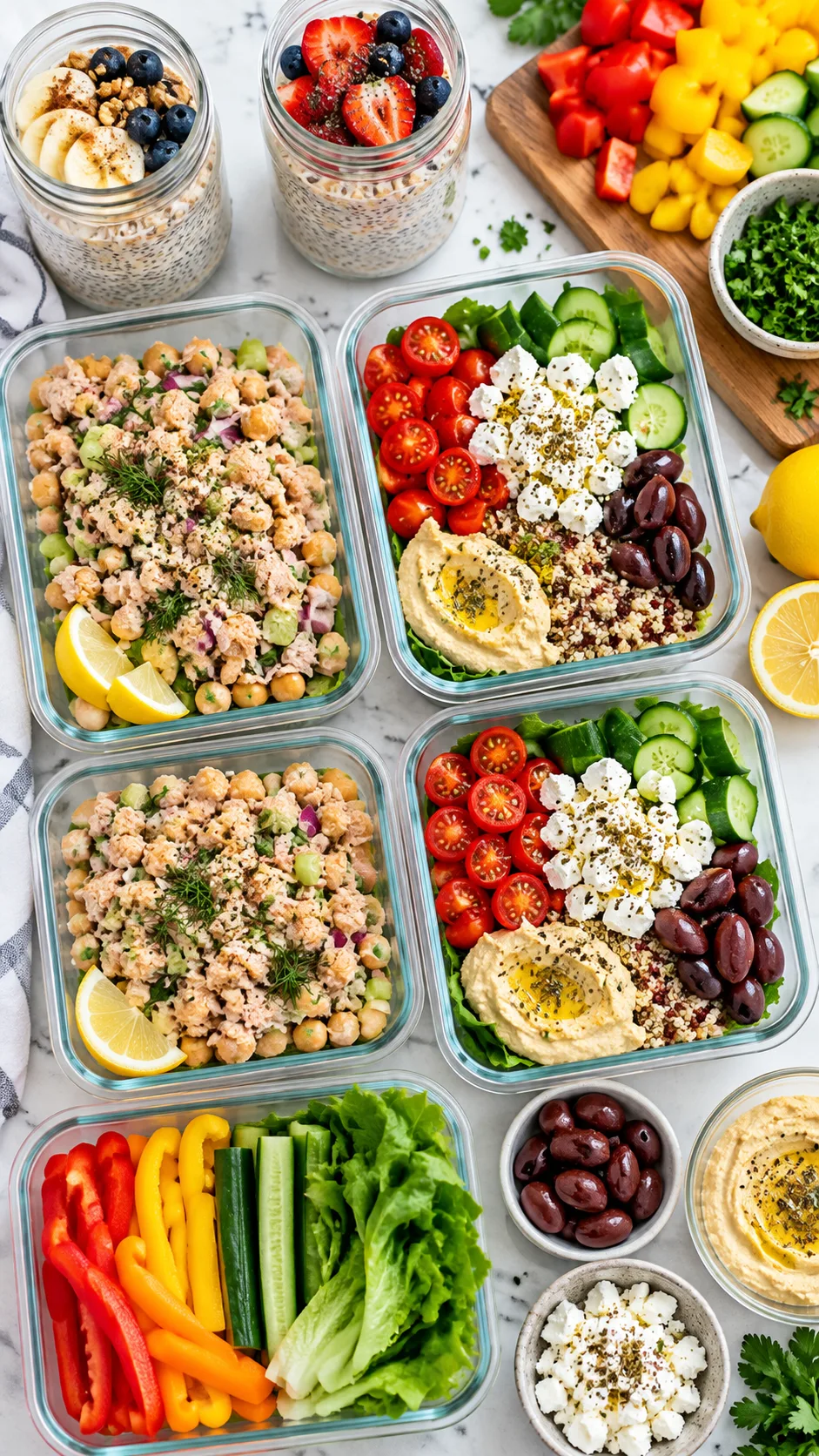Overhead aesthetic shot of vibrant no-cook meal prep containers on a bright quartz countertop, featuring chickpea tuna salad, Greek mezze bowls with feta and olives, chia overnight oats in mason jars, fresh chopped bell peppers and crisp greens, bright natural lighting
