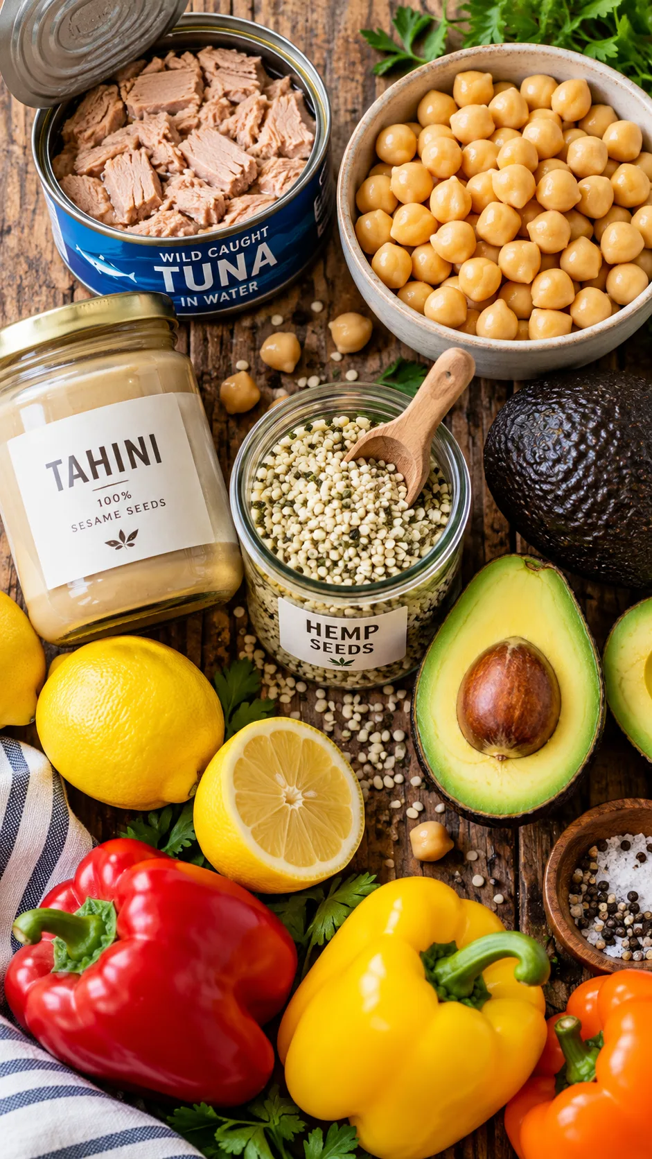 Crisp flat-lay photography of no-cook pantry ingredients including canned wild tuna, garbanzo beans, jars of tahini, hemp seeds, avocados, lemons, and colorful bell peppers on a rustic wooden table