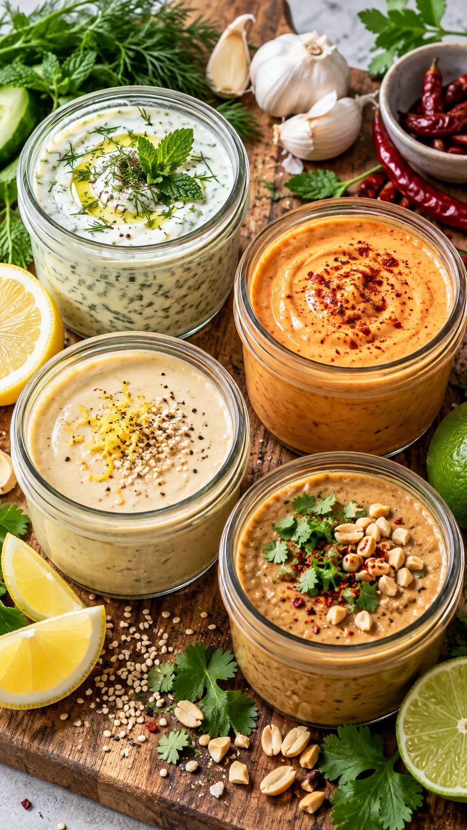 Close-up realistic food photography of four small glass jars of meal prep sauces on a wooden board: green herby Greek yogurt sauce, orange chipotle yogurt sauce, creamy lemon tahini sauce, and peanut lime sauce, surrounded by fresh herbs, lemon wedges, garlic, chili, overhead daylight composition