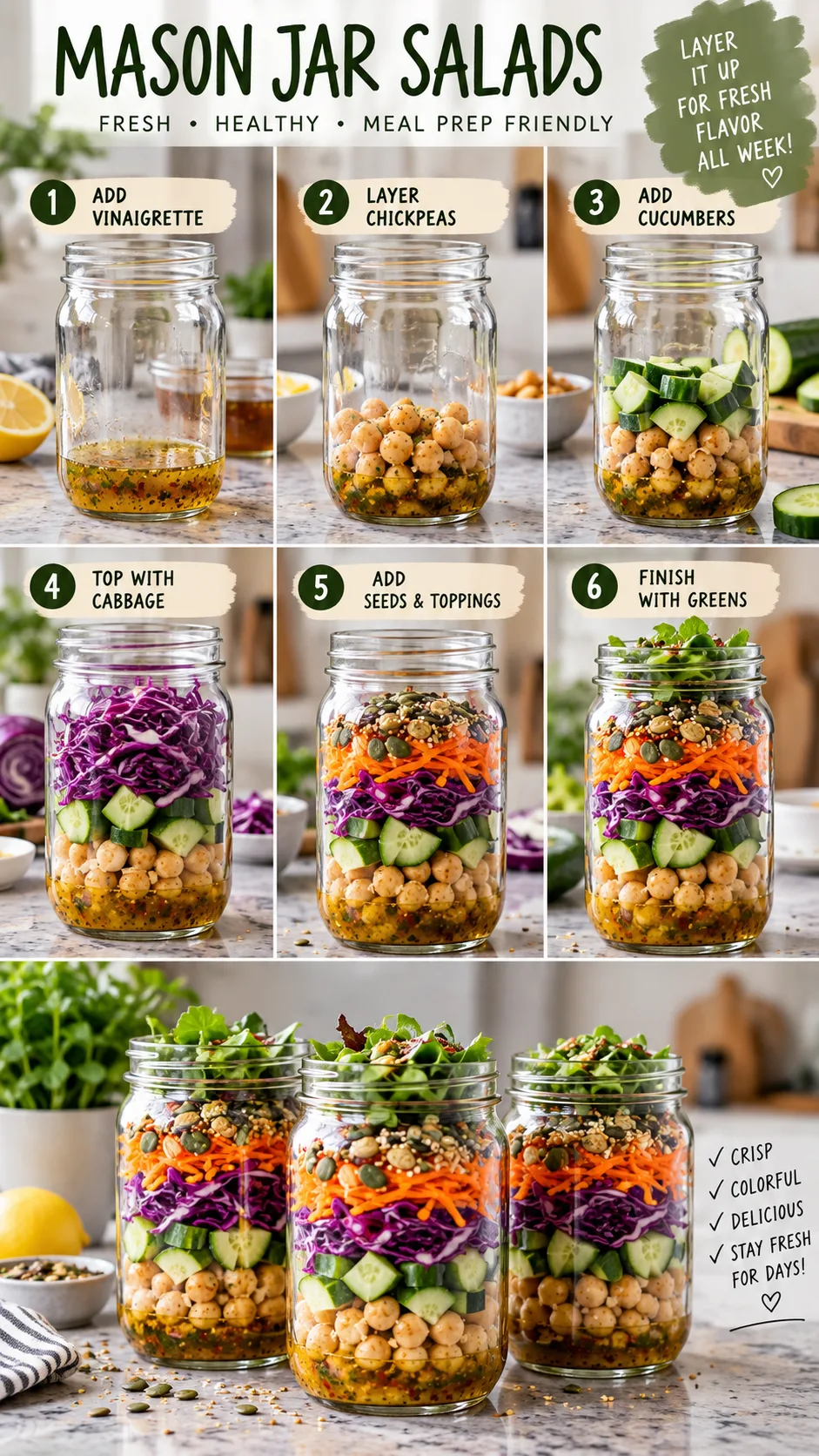 Step-by-step assembly of wide-mouth glass mason jar salads on a kitchen counter, showing bottom layers of vinaigrette, chickpeas, cucumbers, topped with crisp cabbage and seeds