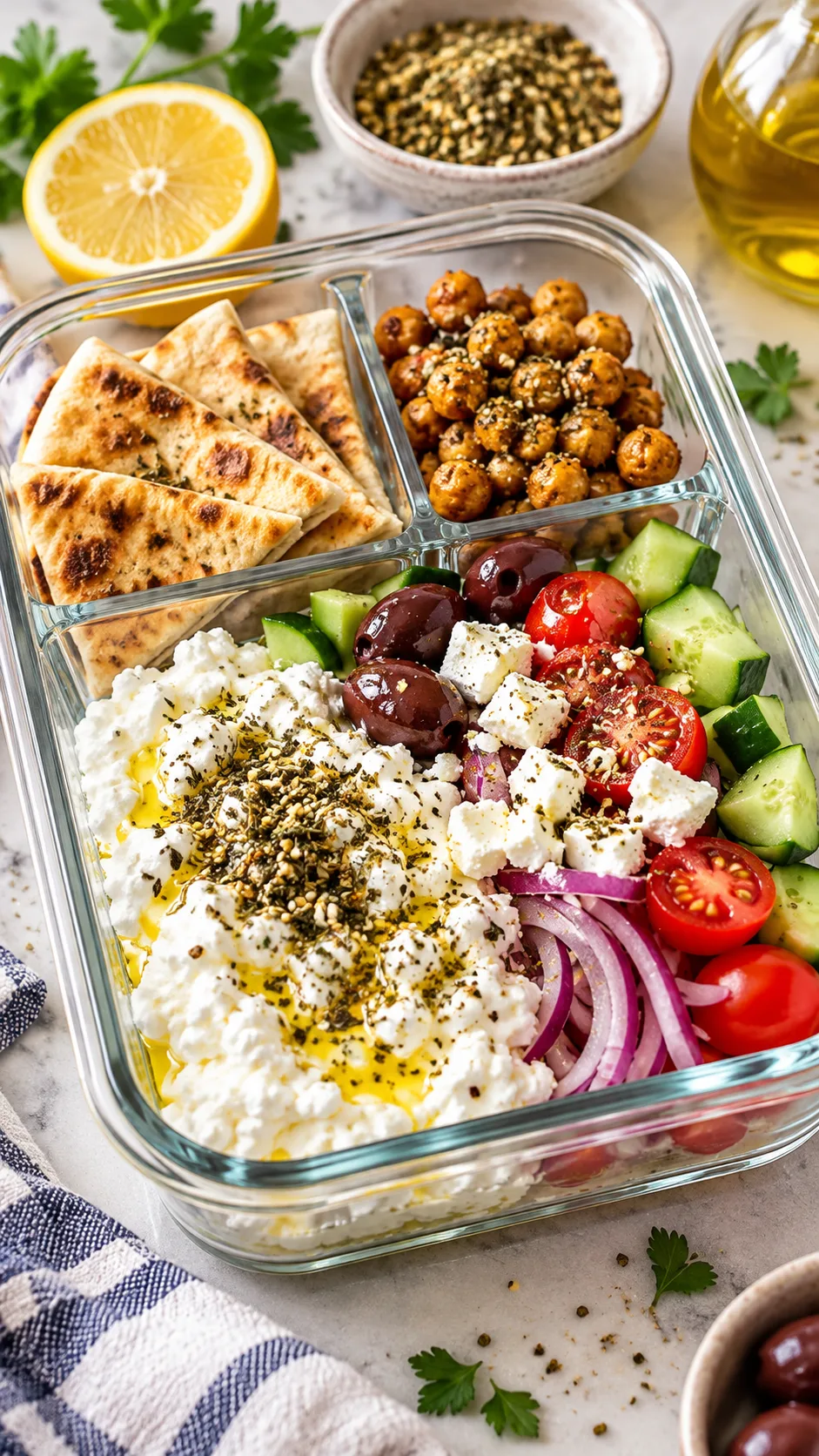 Bento style glass meal prep container showcasing a savory Greek mezze bowl, featuring cottage cheese sprinkled with za