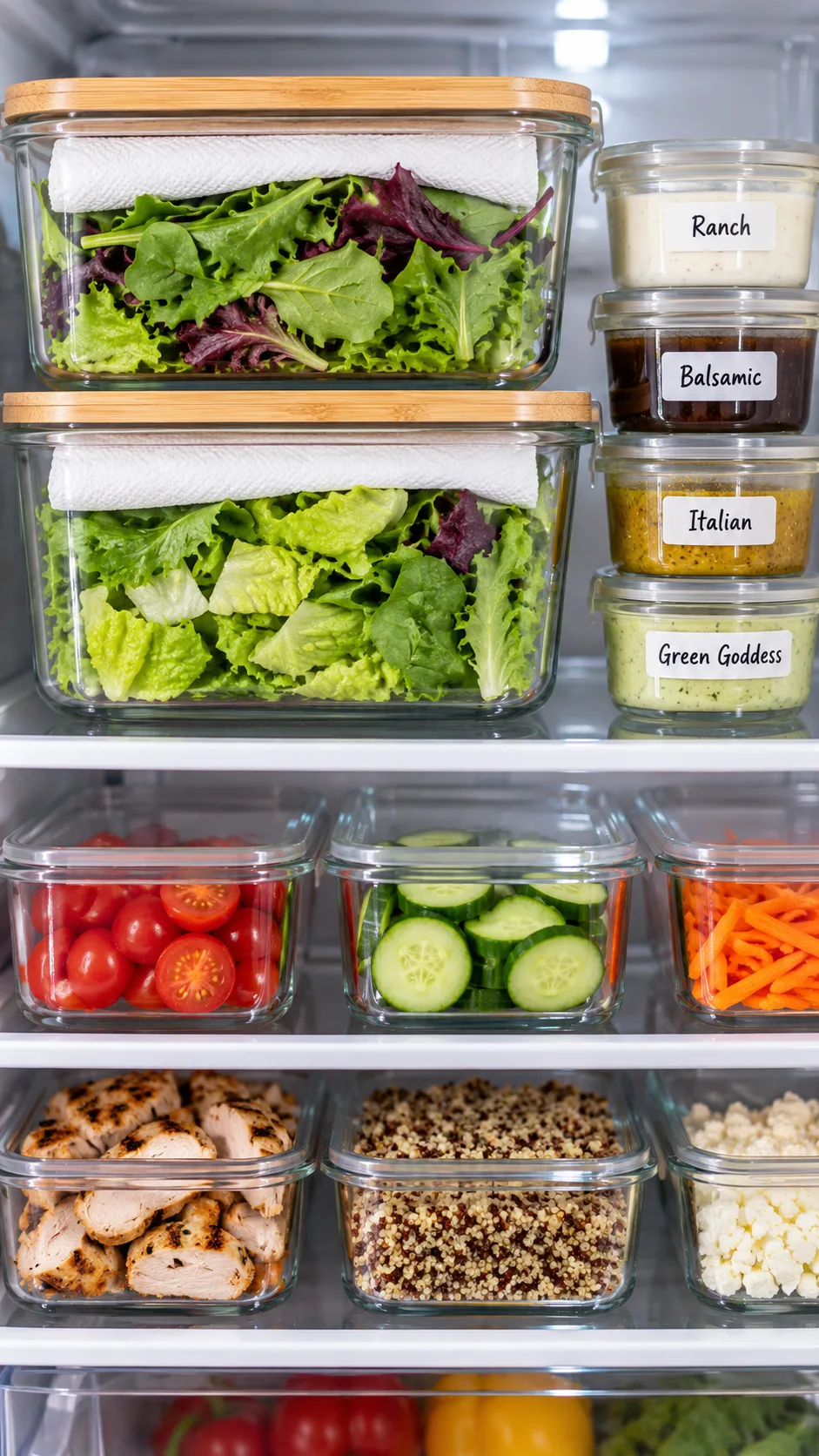 Close up of a refrigerator shelf organized neatly with glass food prep containers, showing paper towels tucked in salad boxes and labeled dressing cups