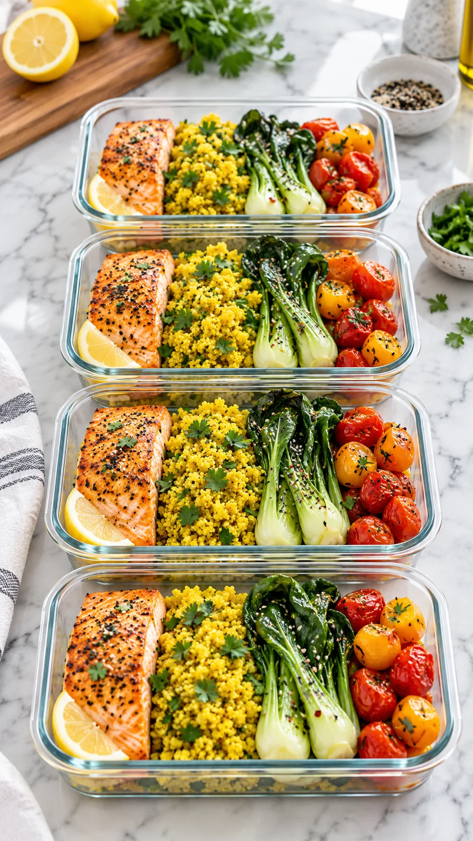 Neat row of four glass meal prep containers filled with vibrant low FODMAP meals including roasted salmon, turmeric quinoa, steamed baby bok choy, and colorful cherry tomatoes, shot on a bright marble kitchen counter with natural lighting