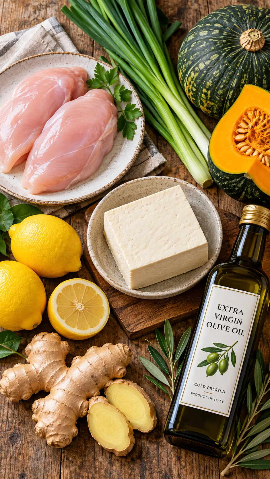 Flat lay of fresh gut-friendly grocery items on a rustic wooden table: raw skinless chicken breast, firm tofu block, bundle of green onion tops, fresh lemons, ginger root, Japanese kabocha squash, and a bottle of extra virgin olive oil
