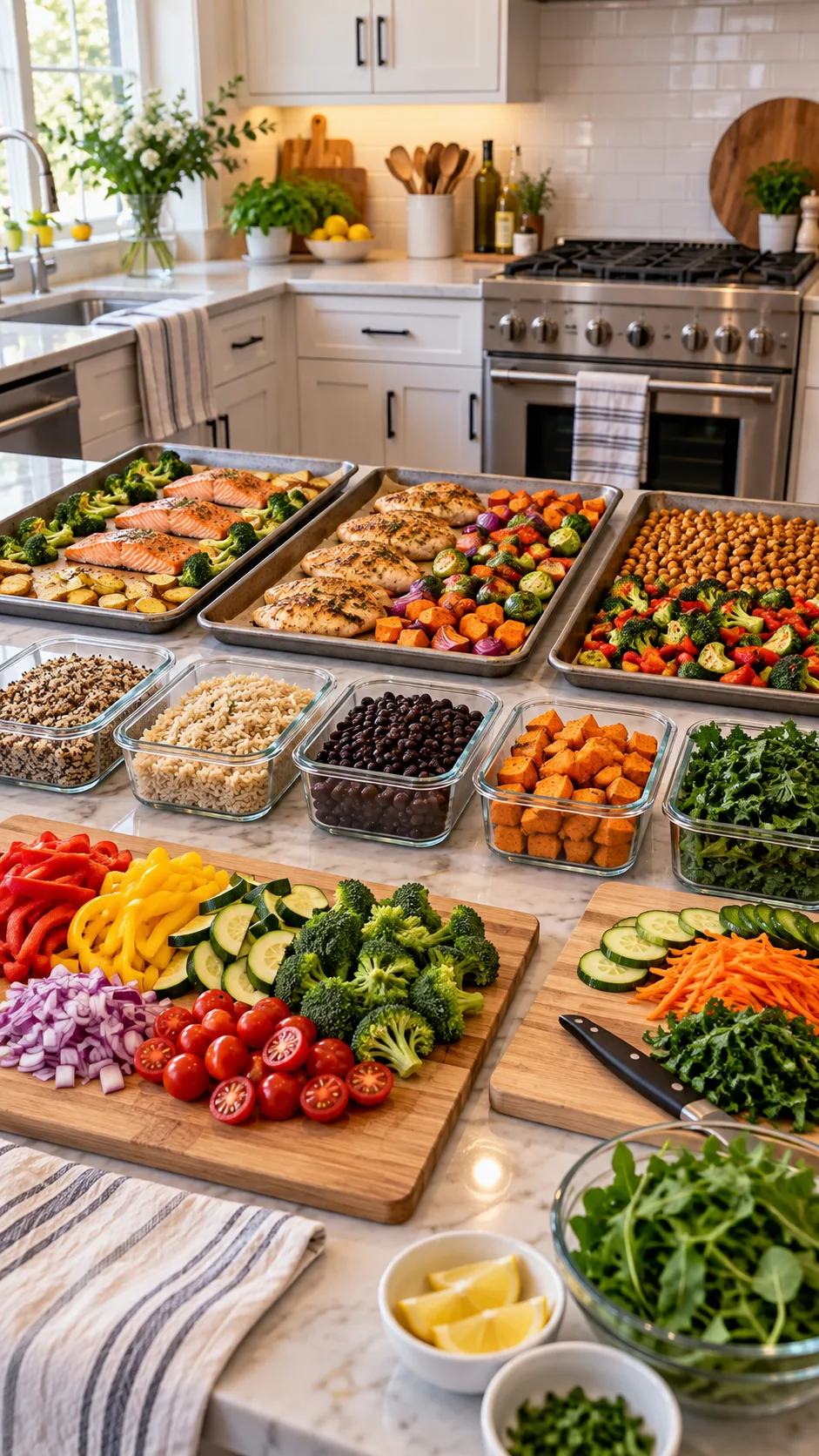 A clean, organized domestic kitchen with three sheet pans ready for the oven, glass storage containers lined up, fresh produce neatly chopped on cutting boards, showing a productive meal prep afternoon