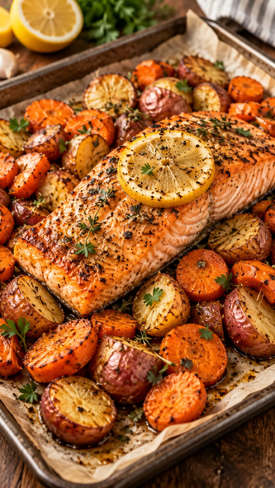 Oven-roasted salmon fillet topped with a lemon wheel resting on a bed of roasted sliced carrots and crispy baby red potatoes on a parchment-lined baking pan, warm rustic lighting