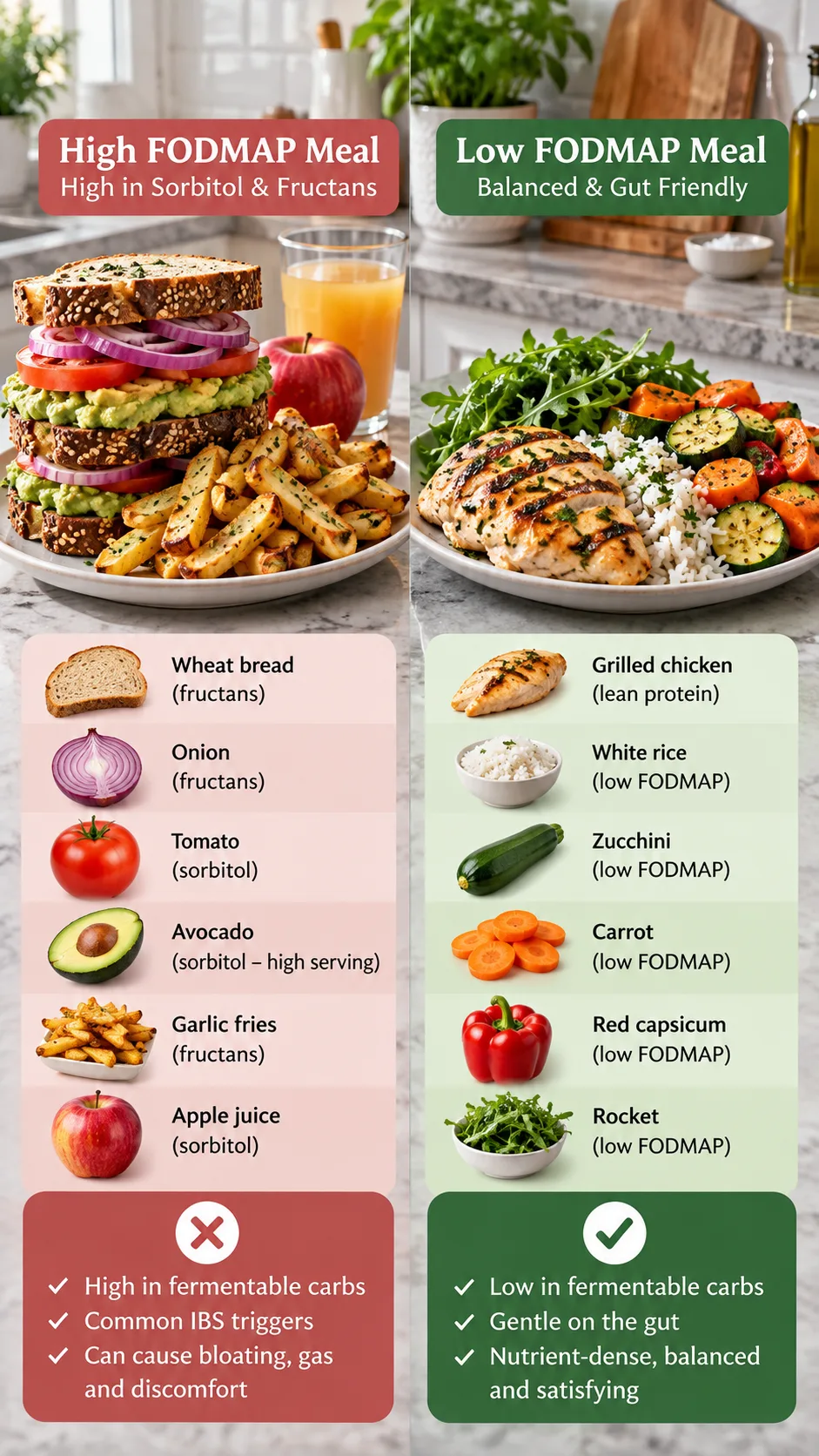 Comparison table style layout on a kitchen counter: one plate showing a stacked meal with high sorbitol and fructans, beside a balanced low FODMAP meal plate clearly labeled with clean whole foods