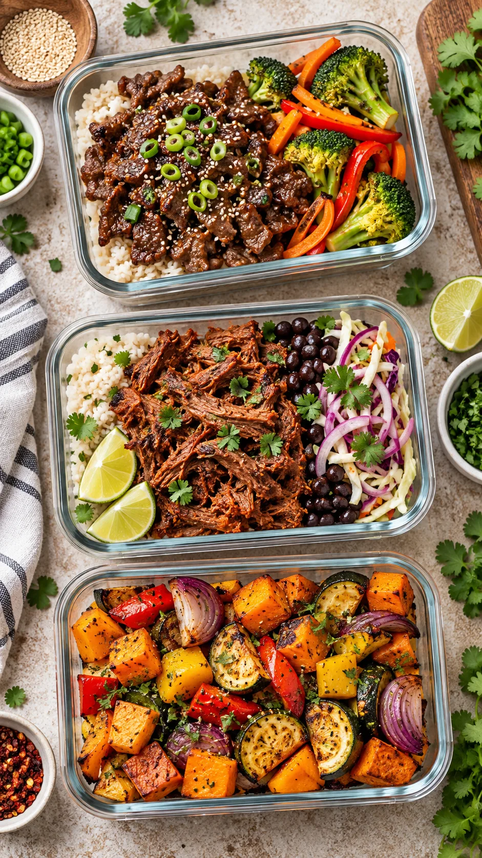 Overhead appetizing shot of glass meal prep containers filled with vibrant beef bulgogi, chipotle shredded barbacoa, and colorful roasted vegetables on a clean rustic kitchen counter
