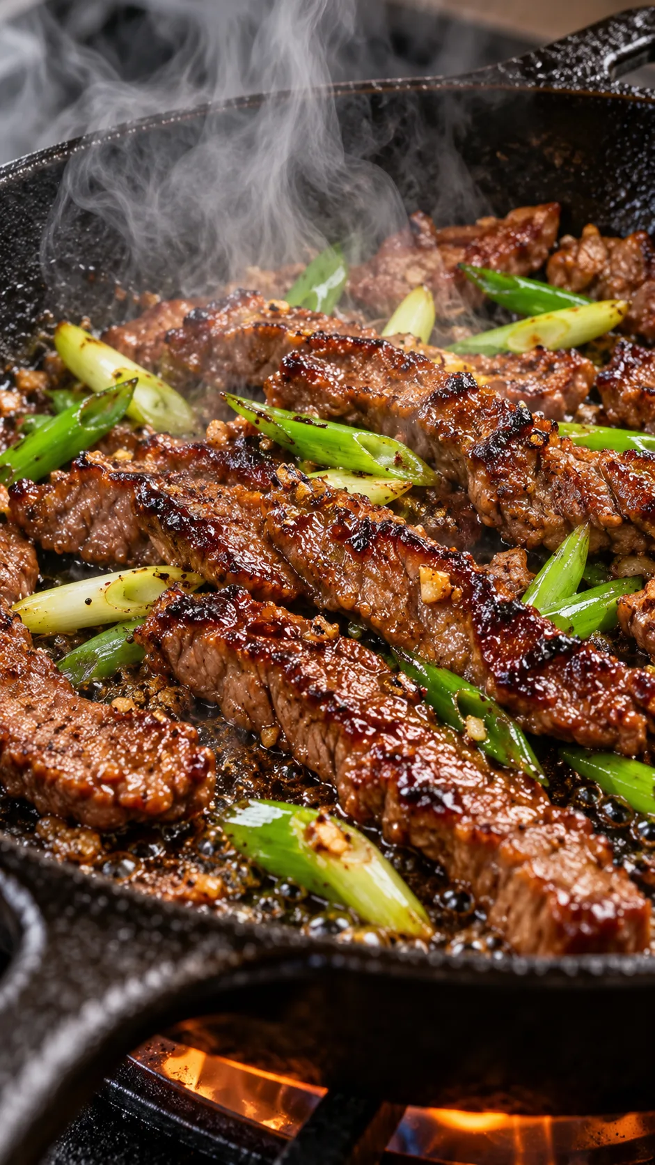 Close up of a cast iron skillet searing marinated beef strips with high heat smoke, deep brown crust formation, and vibrant green scallions scattered around
