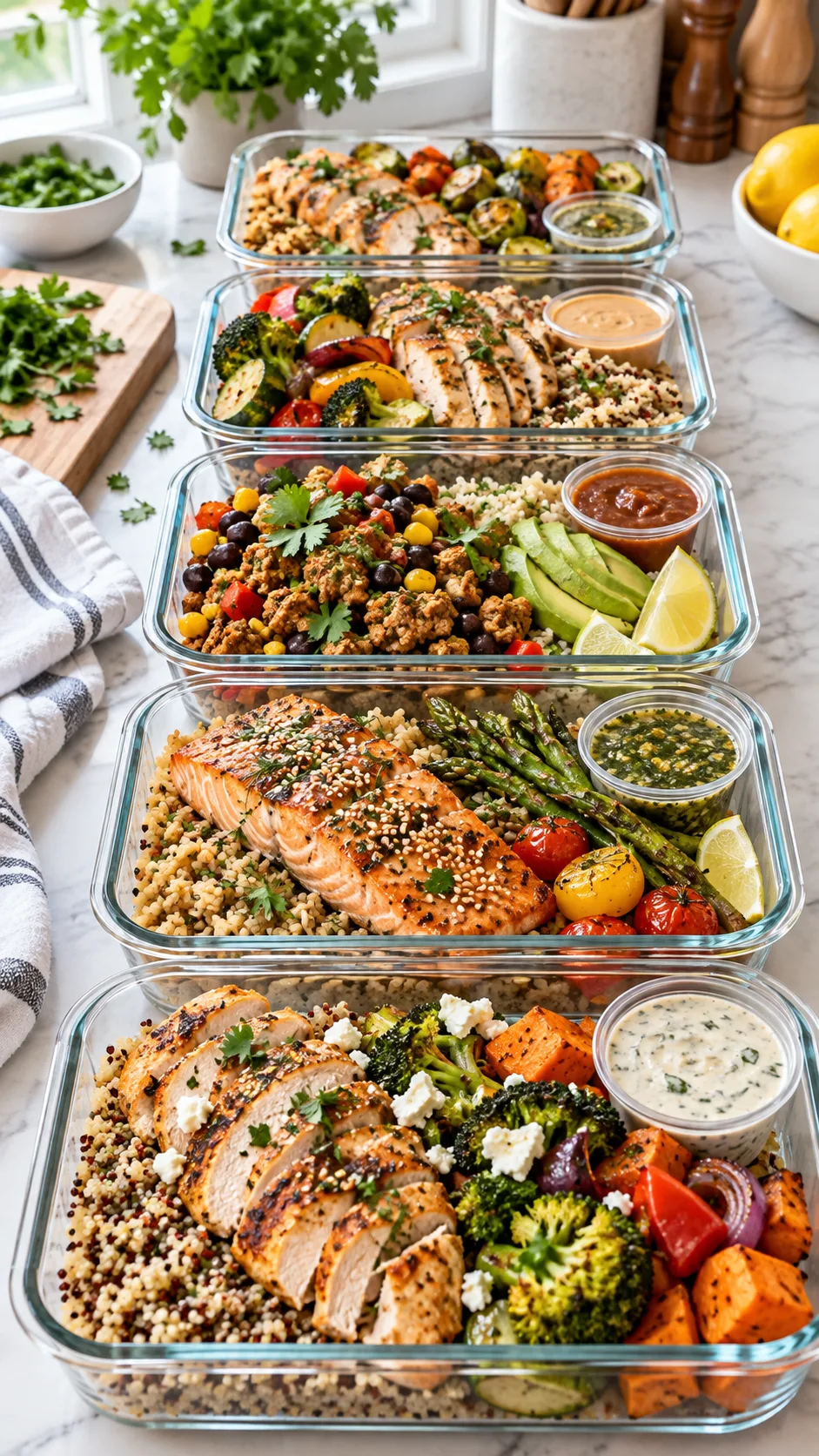 Bright natural-light food photography of five colorful high-protein meal prep lunch containers lined up on a clean kitchen counter, each container with chicken, salmon, turkey, grains, roasted vegetables, fresh herbs, sauce containers, realistic home meal prep scene