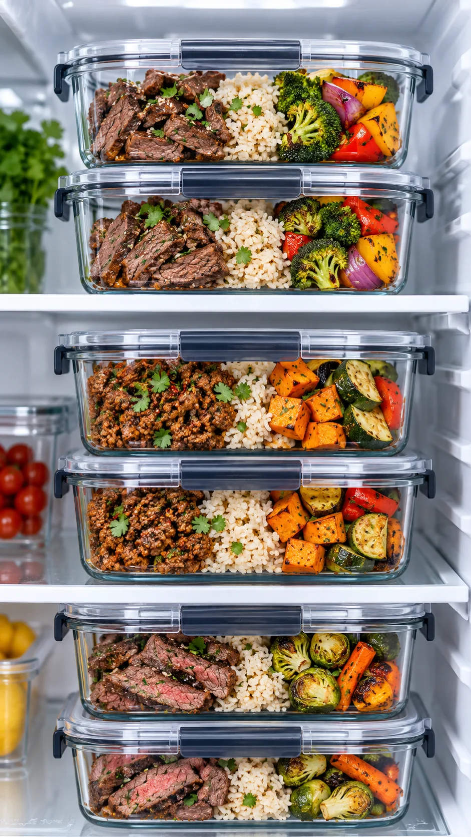 Neat refrigerator shelf stacked with organized glass meal prep containers containing colorful beef, rice, and roasted vegetable meals with clear lids