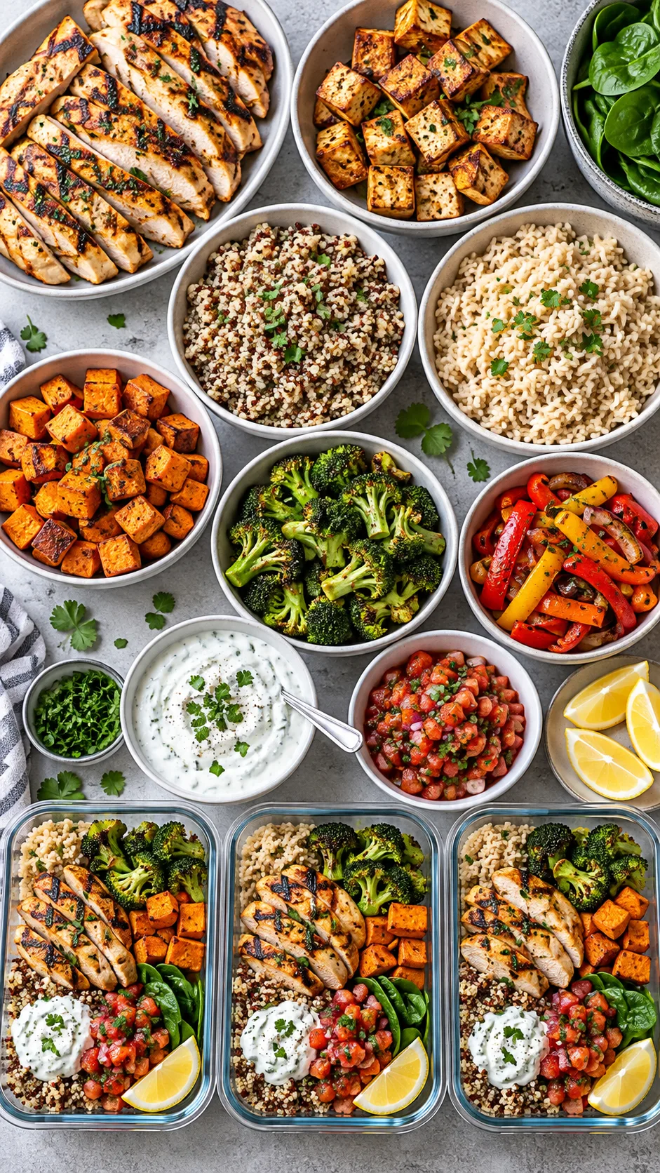 Overhead food photography showing a high-protein meal prep formula arranged in bowls: grilled chicken, baked tofu, quinoa, brown rice, roasted sweet potatoes, broccoli, peppers, spinach, Greek yogurt sauce, salsa, lemon wedges and meal prep containers