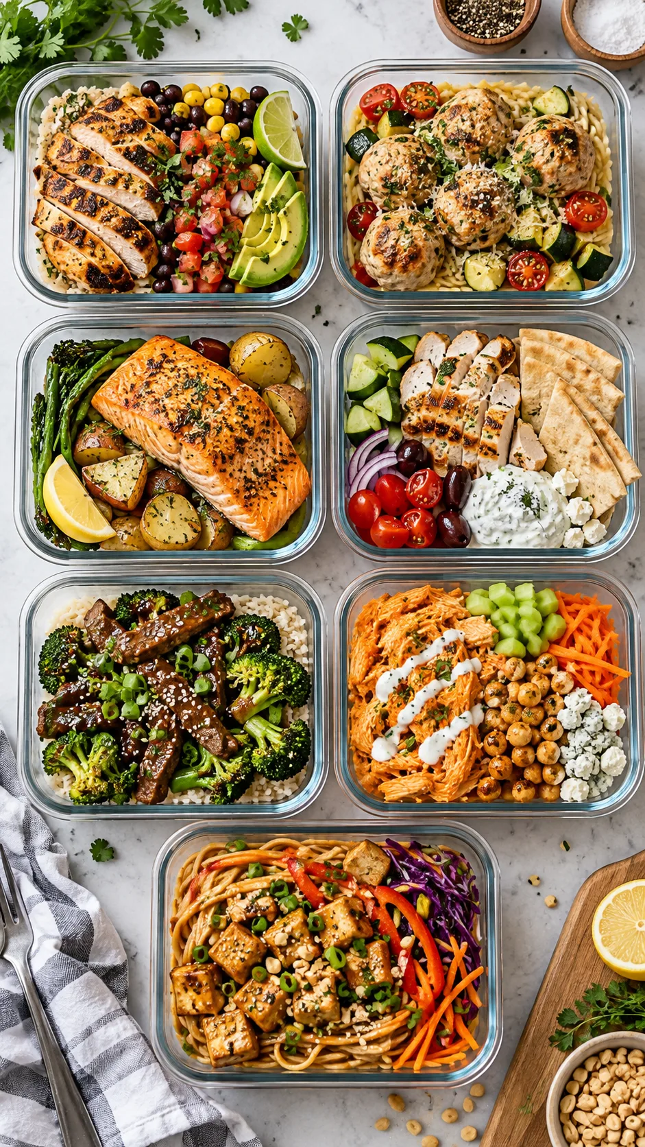 Realistic overhead photography of seven different high-protein work lunch meal prep containers: chicken burrito bowl, turkey meatballs with orzo, salmon with potatoes, Greek chicken pita box, beef broccoli rice bowl, buffalo chicken chickpea bowl, tofu peanut noodle bowl, colorful organized meal prep on a kitchen table