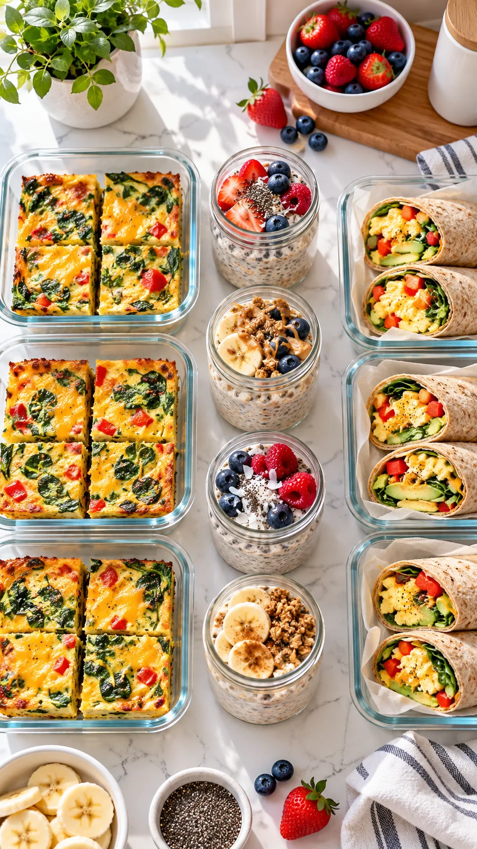 Overhead aesthetic flat-lay photography of glass meal prep containers filled with colorful healthy breakfasts: baked egg squares with vegetables, mason jar overnight oats with fresh berries, and whole wheat breakfast wraps on a bright quartz countertop in a sunny modern kitchen.