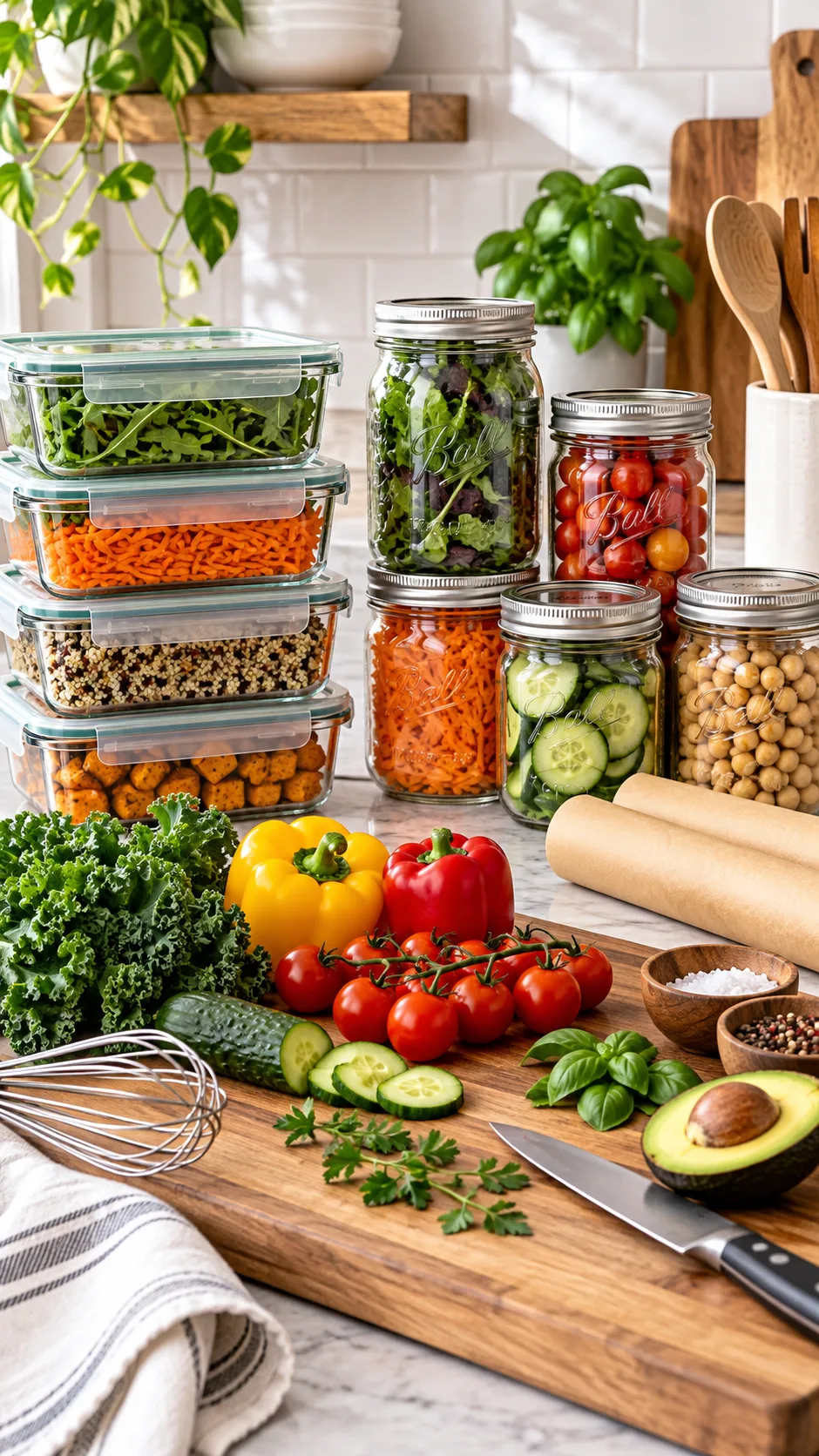 Clean, organized kitchen prep station featuring a stack of glass containers, wide-mouth mason jars, rolled parchment paper, a wire whisk, and vibrant fresh produce on a clean wooden cutting board.
