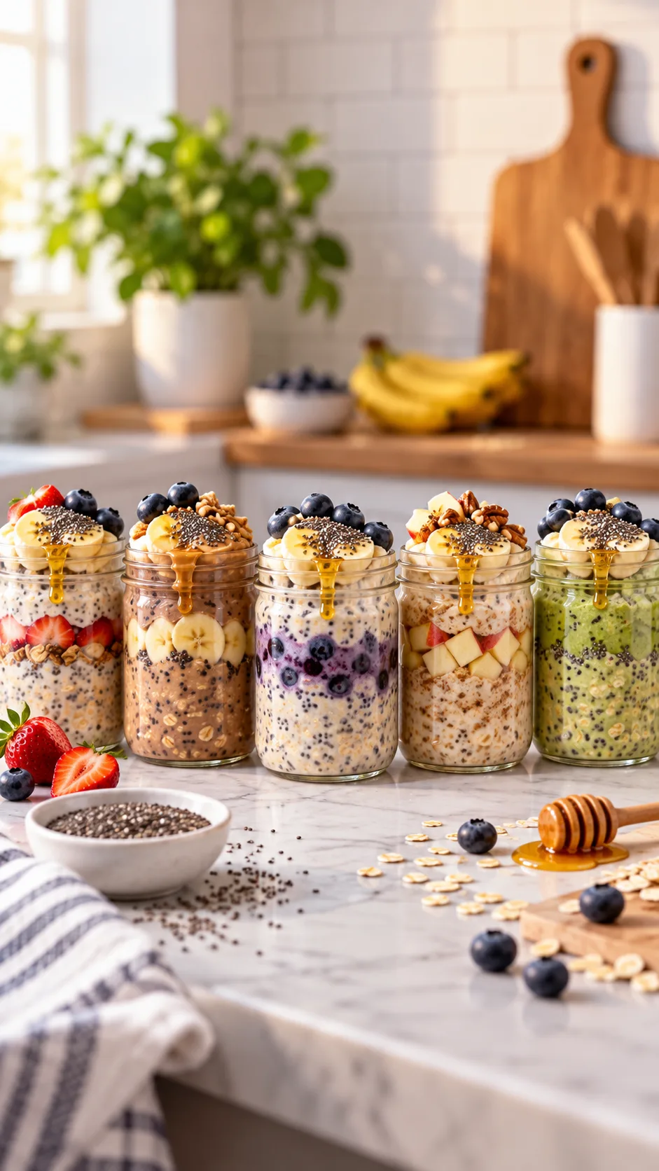 Row of five matching mason jars on a kitchen counter filled with layered overnight oats, topped with vibrant chia seeds, sliced bananas, blueberries, and a drizzle of honey.