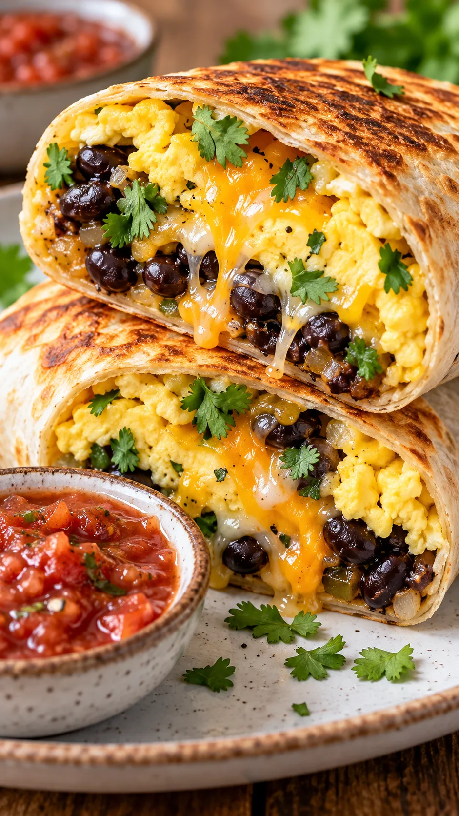 Close-up cross section of a golden-brown toasted breakfast burrito showing melted cheese, fluffy scrambled eggs, black beans, and cilantro, plated alongside a small dish of red salsa.