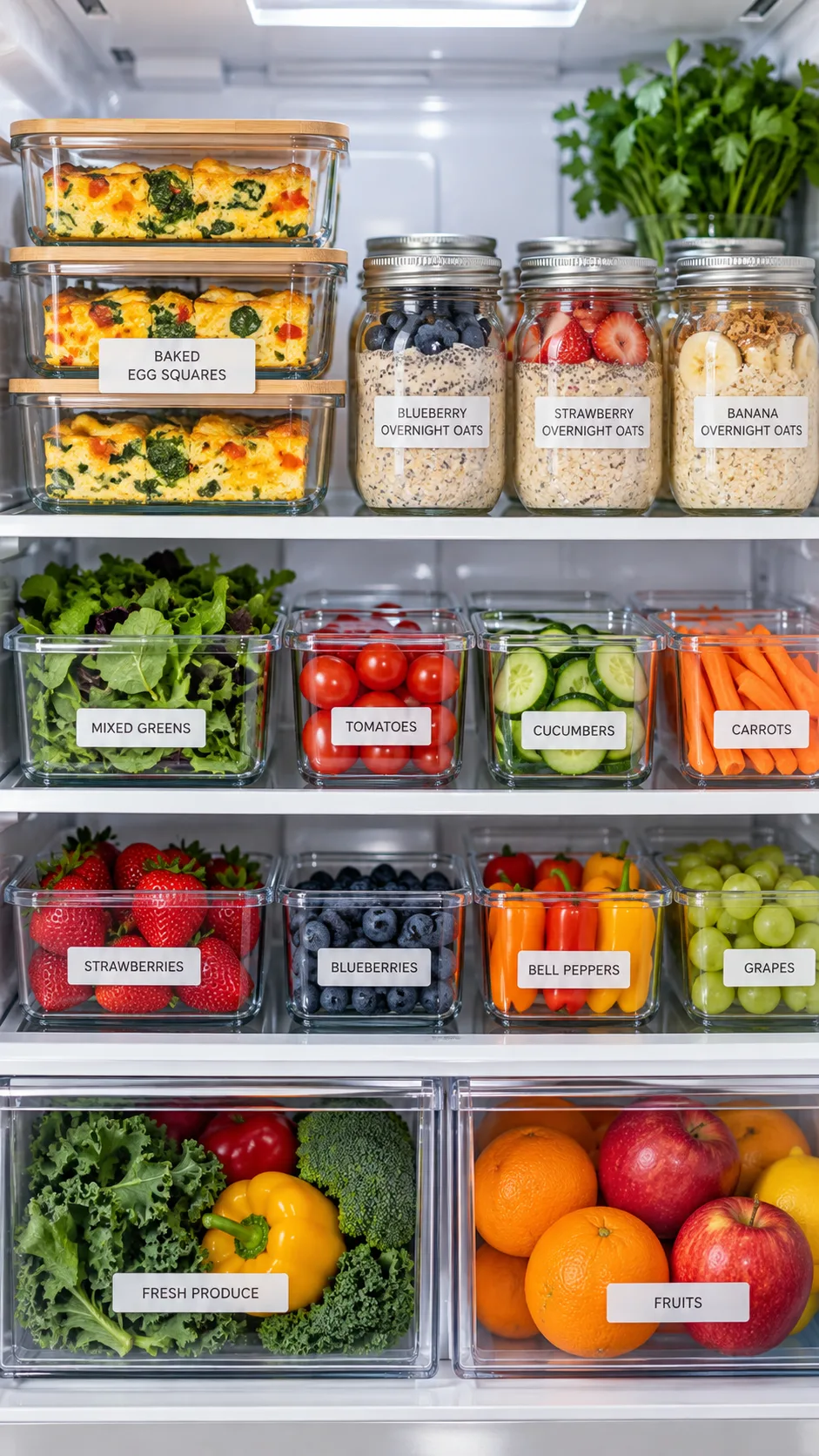 Neatly organized modern refrigerator interior shelf displaying uniform glass meal prep containers with baked egg squares, labeled mason jars filled with overnight oats, and fresh produce.