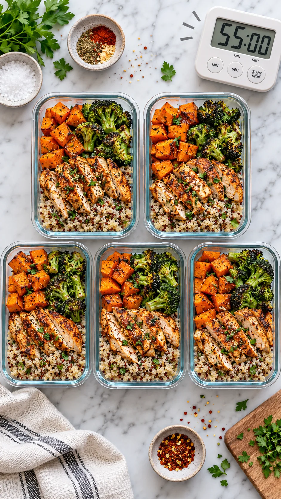 Overhead flat lay of five glass meal prep containers filled with colorful roasted sweet potatoes, charred broccoli, spiced chicken strips, and quinoa, arranged neatly on a clean marble countertop with a timer displaying 55 minutes