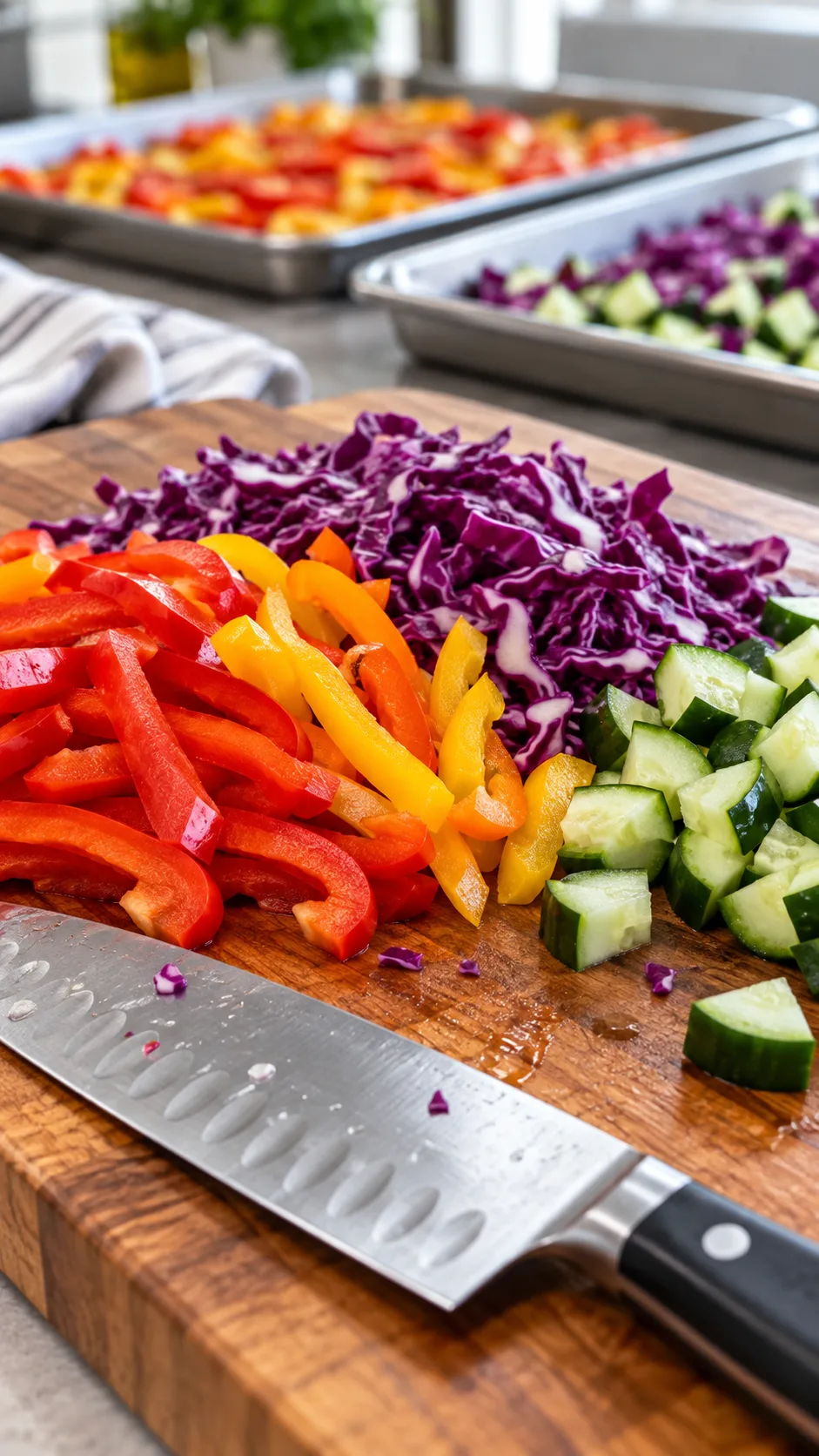 Close-up of a wooden cutting board with sliced bell peppers, shredded purple cabbage, and diced cucumbers next to a chef knife, with stainless steel sheet pans in the blurred background