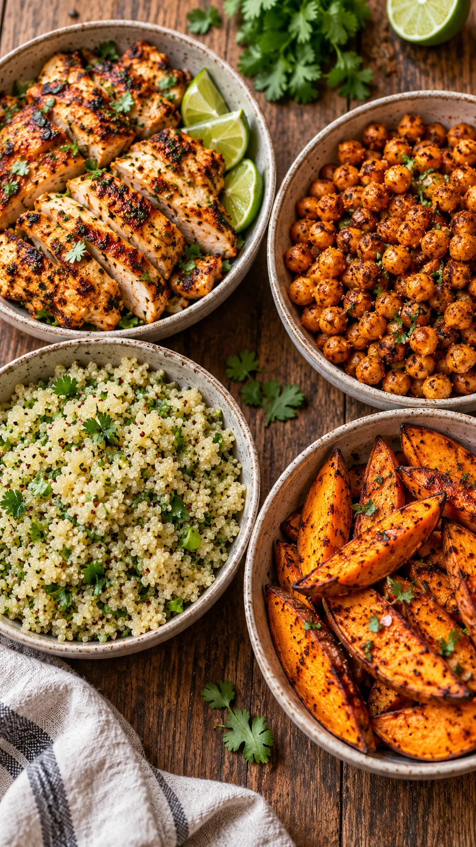 Four distinct meal prep bases arranged in bowls: chili-lime sheet pan chicken, crispy spiced chickpeas, fluffy herb quinoa, and roasted sweet potato wedges on a rustic wooden table