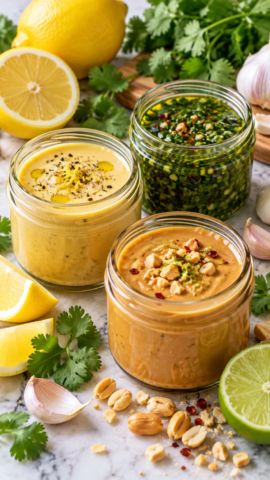 Three small glass jars filled with homemade sauces: golden lemon tahini, vibrant green chimichurri, and rich peanut lime sauce, displayed with fresh lemons, cilantro, and garlic cloves nearby