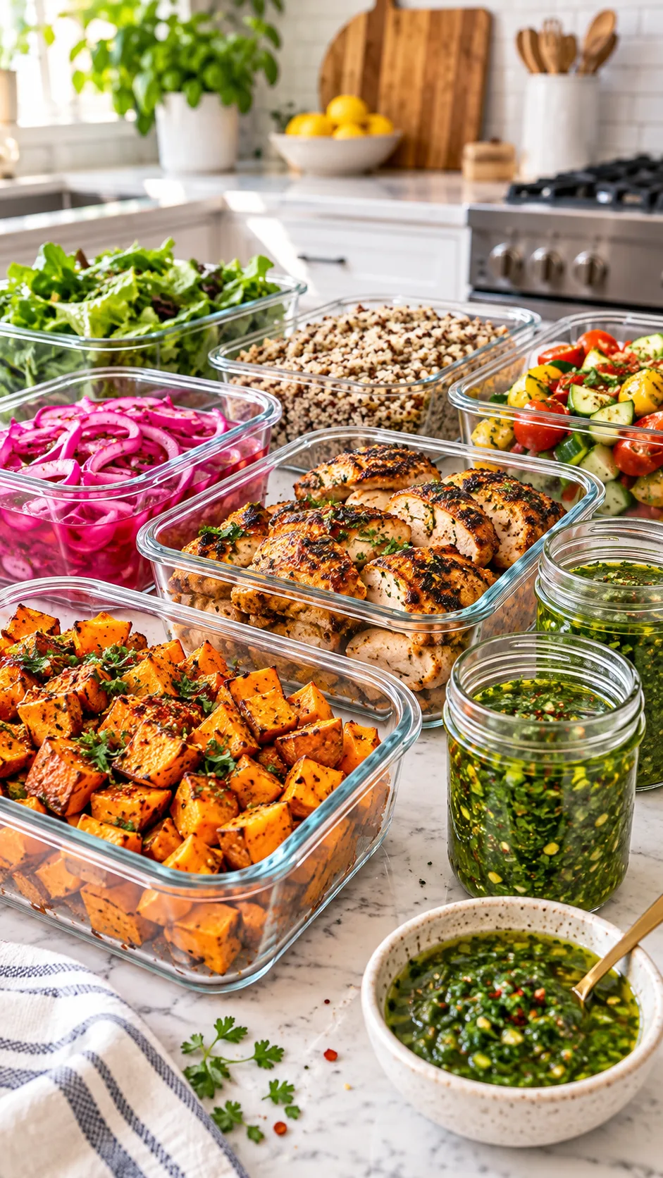 A bright modern kitchen counter displaying vibrant glass containers filled with colorful prepped ingredients like roasted spiced sweet potatoes, pickled red onions, seared chicken thighs, and jars of green chimichurri sauce.