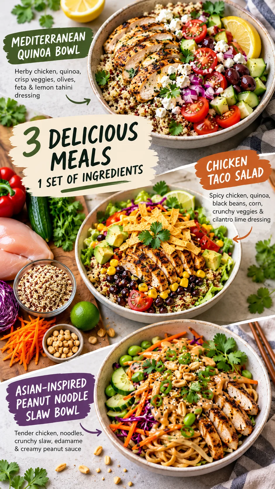 A collage of three different meals created from the same base ingredients: a Mediterranean quinoa bowl, a colorful chicken taco salad, and an Asian-inspired peanut noodle slaw bowl