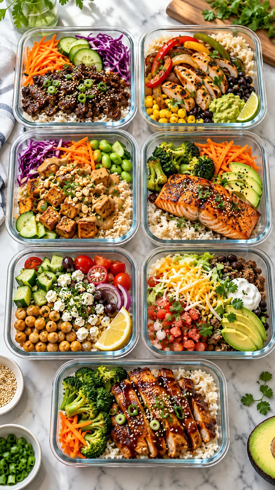 Bright overhead food photography of seven colorful meal prep rice bowls lined up in glass containers, including Korean beef, chicken fajita, tofu peanut, salmon, Mediterranean chickpea, burrito, and teriyaki chicken bowls, natural window light, realistic home kitchen styling, crisp vibrant ingredients