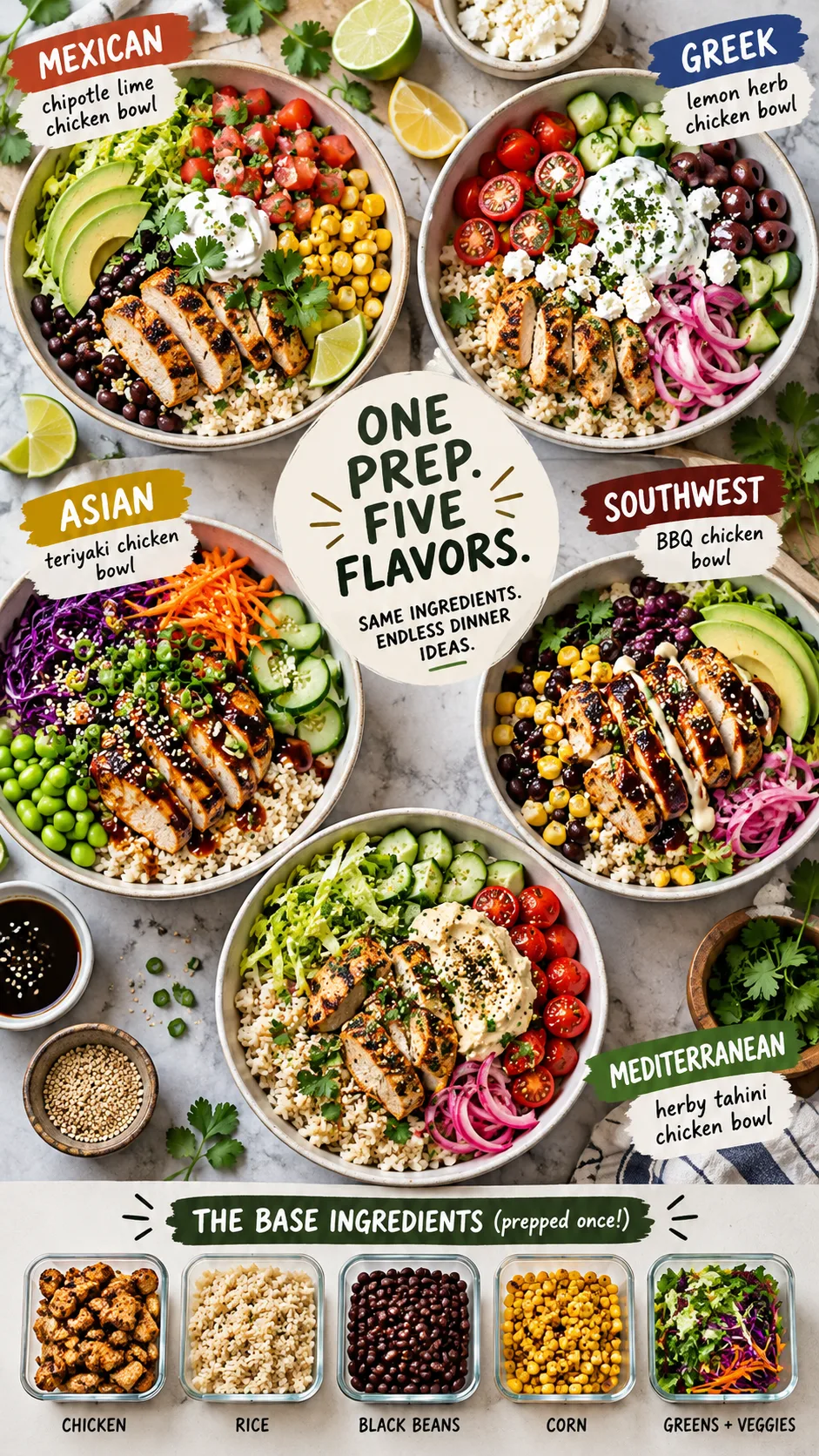 A flat-lay view of five distinct dinner bowls made from the exact same prepped base ingredients, showcasing Mexican, Greek, and Asian flavor variations.