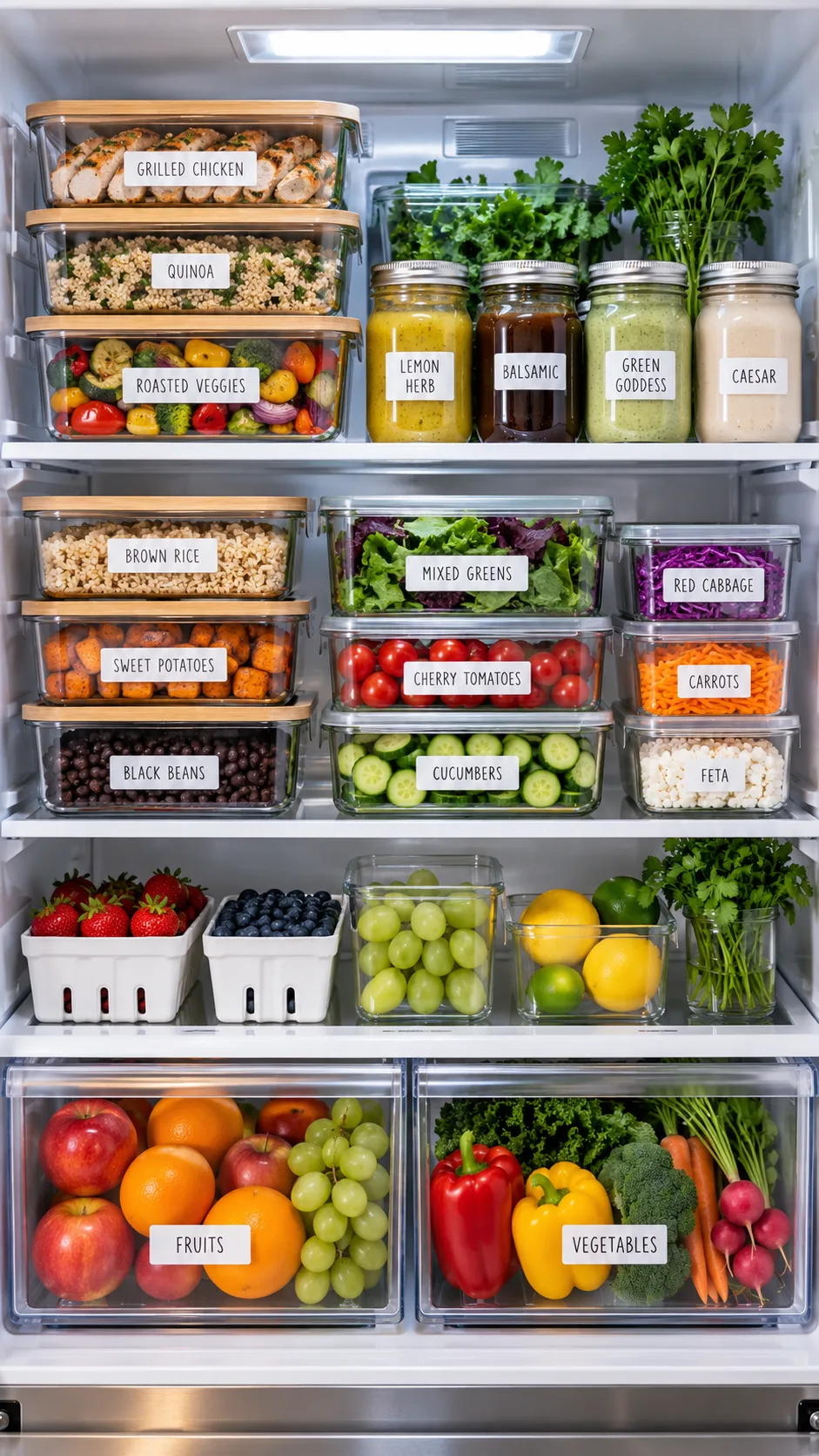 Neatly organized modern refrigerator interior showcasing labeled glass meal prep containers, fresh produce crisper drawers, and mason jars filled with homemade dressings