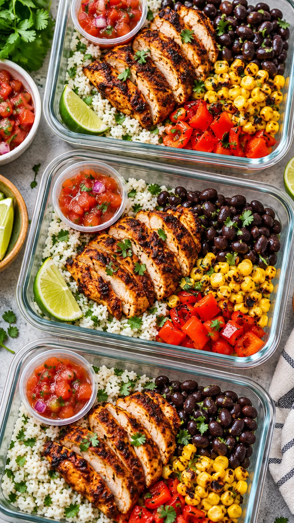 Close-up overhead photography of chipotle chicken burrito meal prep rice bowls in rectangular glass containers, lime cilantro rice, sliced smoky chicken, black beans, roasted corn, red peppers, salsa cups and lime wedges, vibrant healthy lunch prep scene