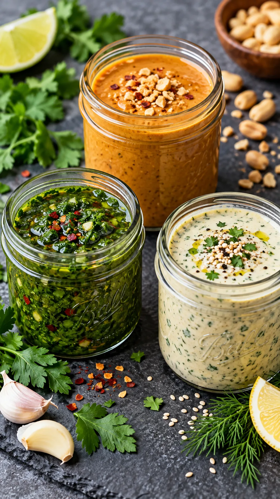 Three small glass mason jars filled with distinct vibrant sauces: bright green chimichurri, rich golden peanut satay, and pale creamy herb tahini arranged on a slate surface.