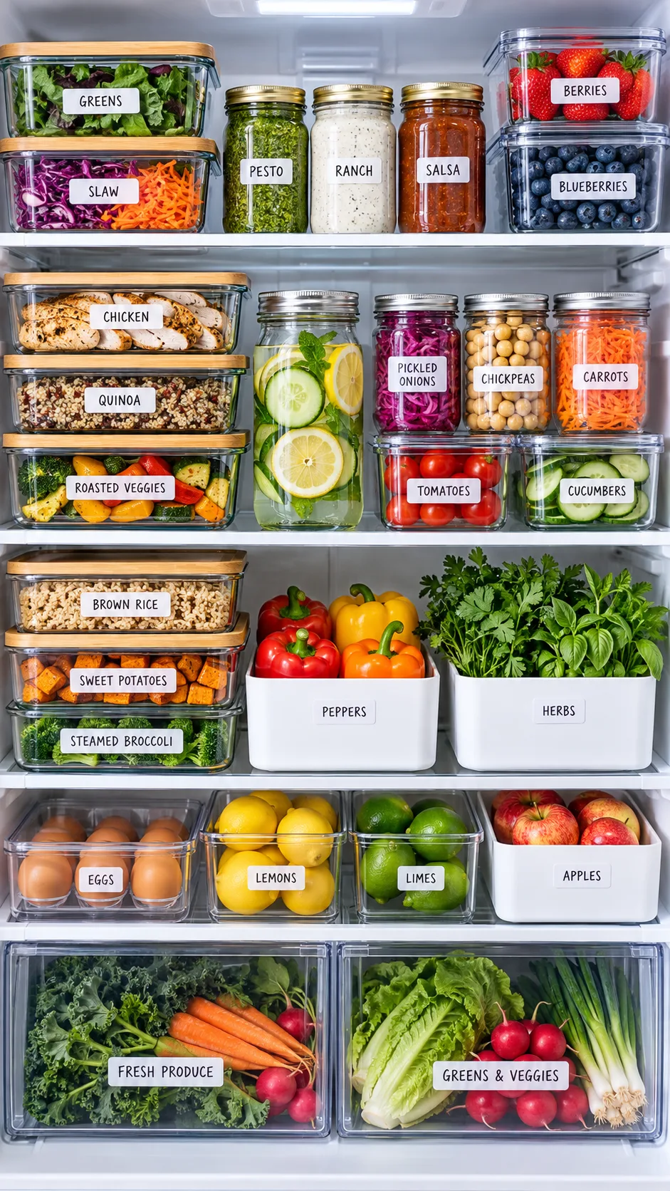 Neatly organized refrigerator shelves packed with clear glass meal containers, labeled glass jars of sauces, and fresh produce using crisp modern organization.
