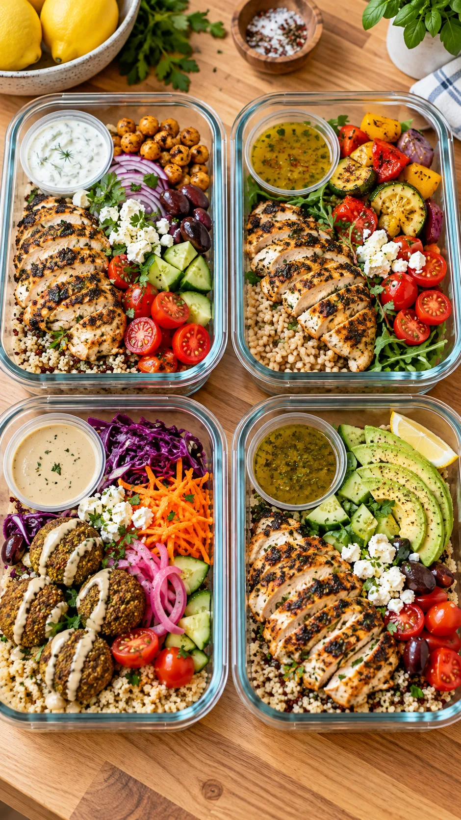 High-angle shot of four modern glass meal prep containers filled with vibrant, colorful Mediterranean grain bowls, fresh sliced vegetables, marinated chicken, and small separate dressing cups, set on a bright wooden kitchen counter
