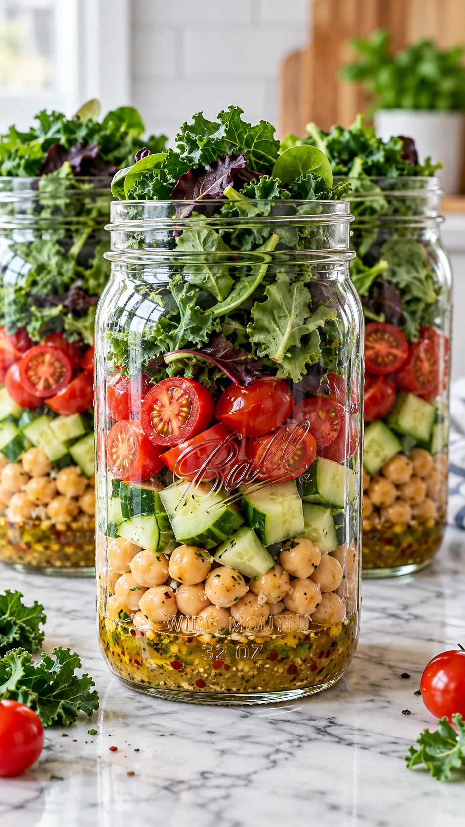 Close-up of three layered 32-ounce mason jar salads showing distinct colorful layers: vinaigrette at the bottom, chickpeas, cucumbers, cherry tomatoes, and dark leafy greens filling the top, arranged on a marble kitchen surface