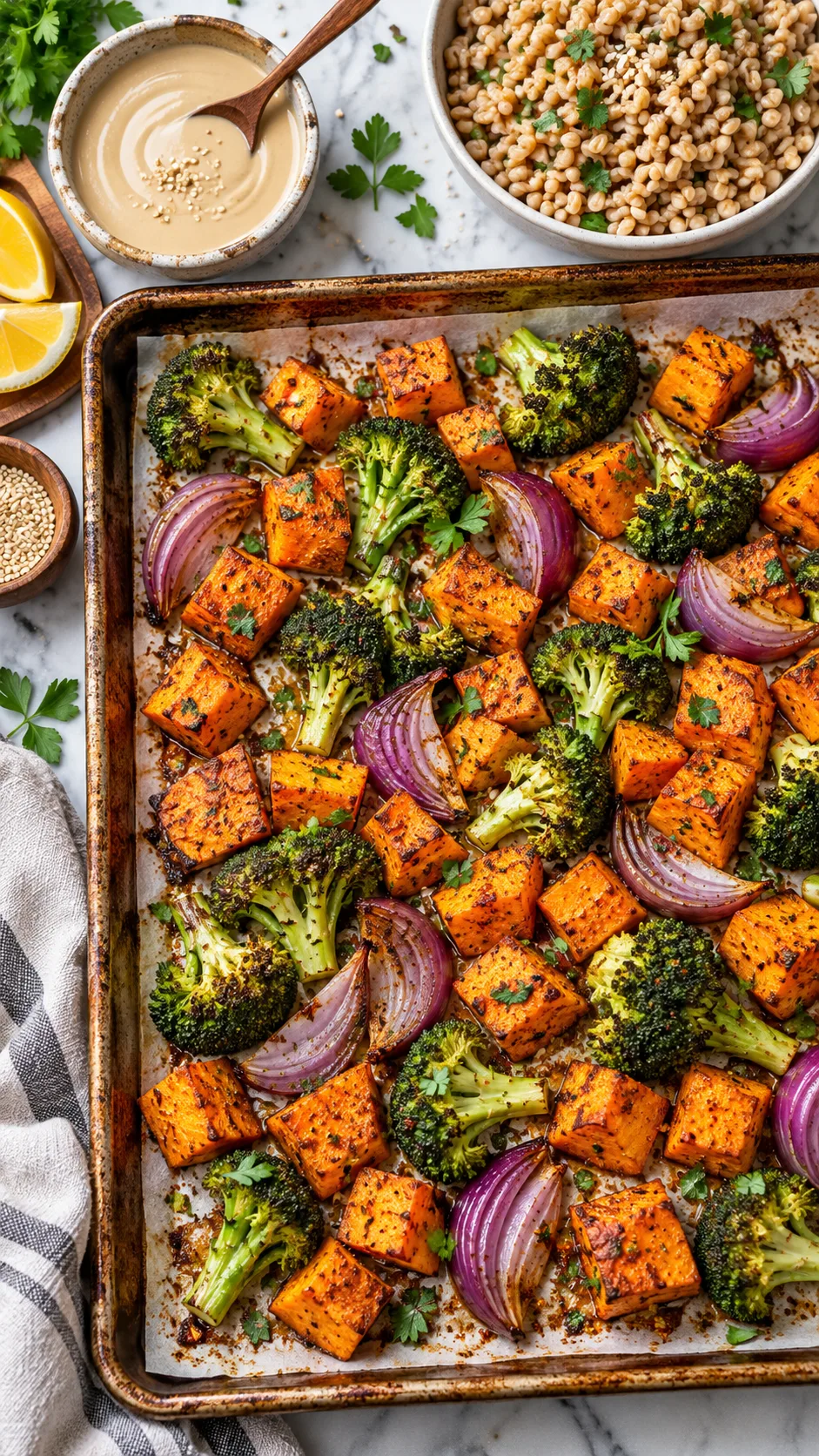 A flat lay view of a colorful sheet pan fresh from the oven, loaded with roasted spiced sweet potato cubes, broccoli florets, and red onion wedges alongside bowls of cooked farro and tahini drizzle