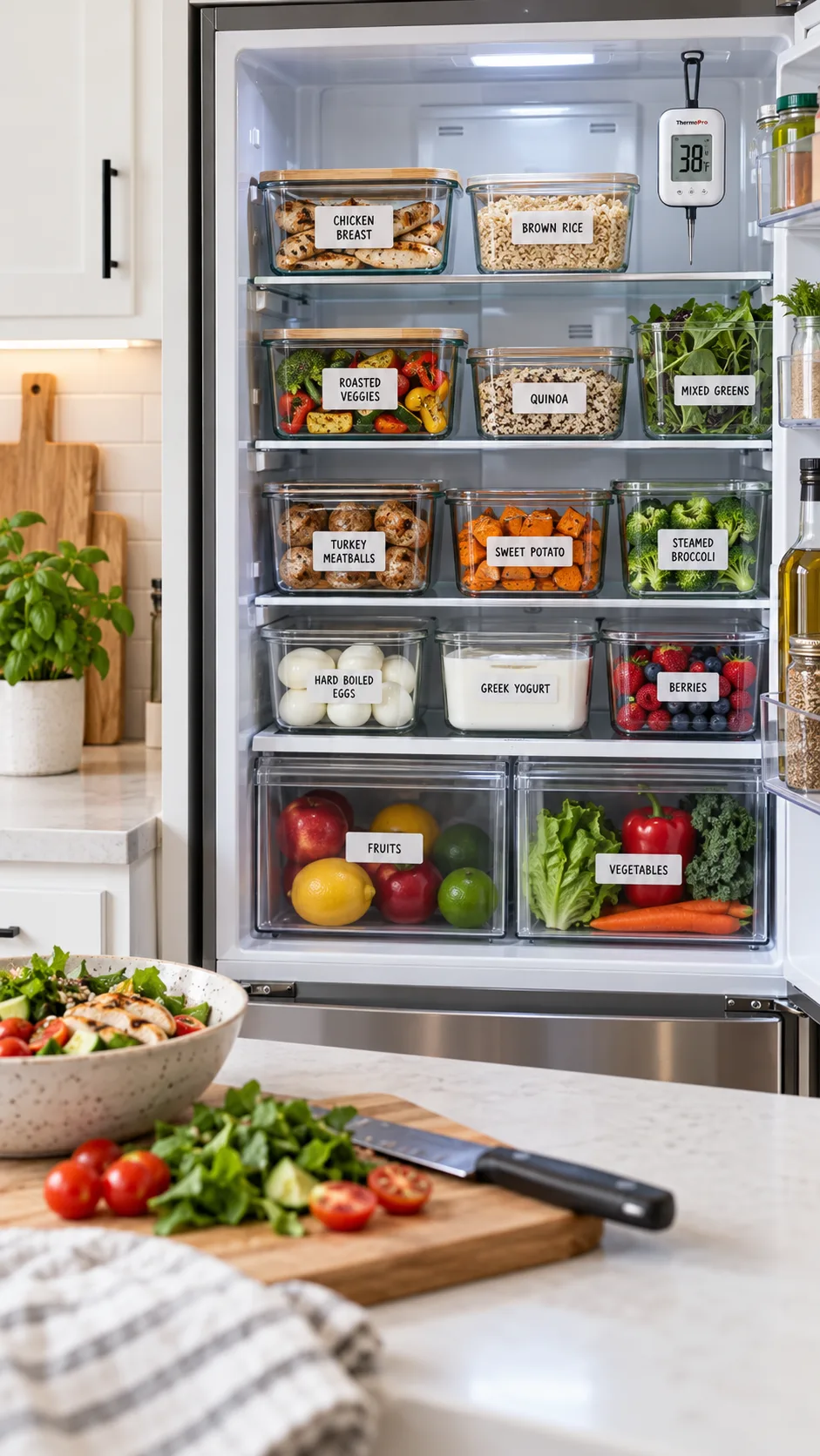 A clean, minimalist kitchen counter with an open home refrigerator visible in the background, displaying organized glass meal prep containers with clear labels and a digital thermometer hanging on the shelf