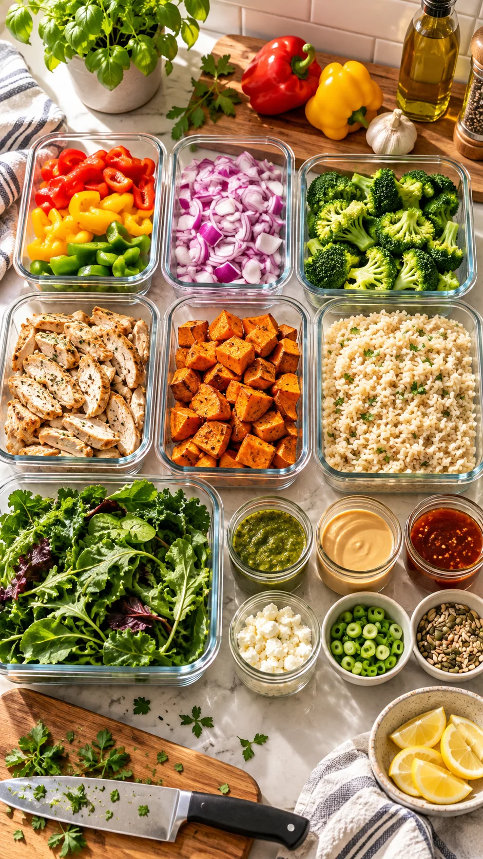 Bright realistic overhead food photography of a weekly ingredient prep session on a home kitchen counter, showing glass containers of chopped bell peppers, onions, broccoli, cooked chicken, roasted sweet potatoes, rice, greens, and small jars of sauces, warm natural morning light, organized but relaxed, practical family dinner preparation