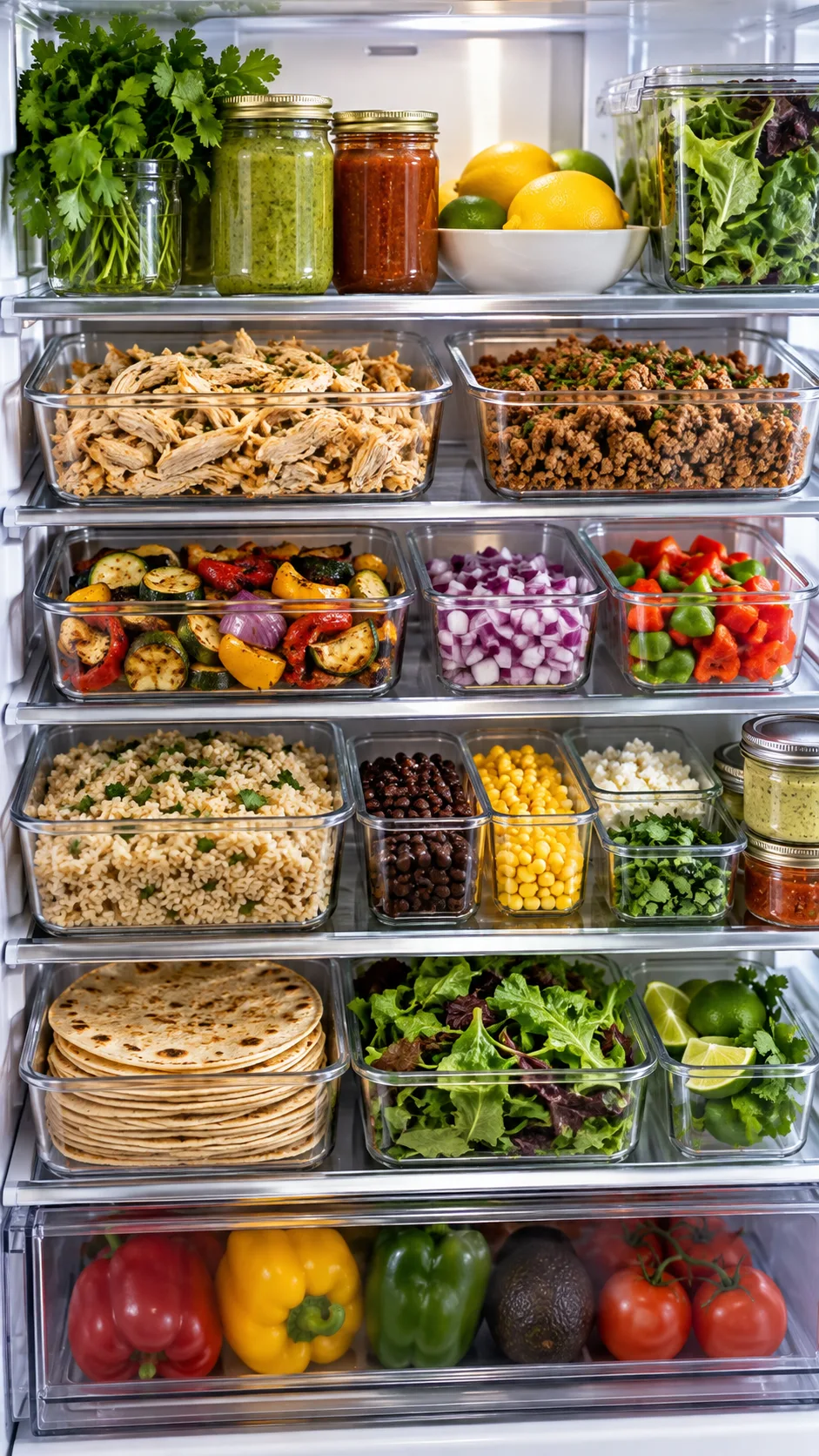 Realistic editorial food photography of neatly arranged meal prep ingredients in clear containers inside an open refrigerator: cooked shredded chicken, browned ground turkey, roasted vegetables, chopped onions and peppers, cooked rice, salad greens, tortillas, lemons, herbs, and sauce jars, inviting practical weeknight dinner organization
