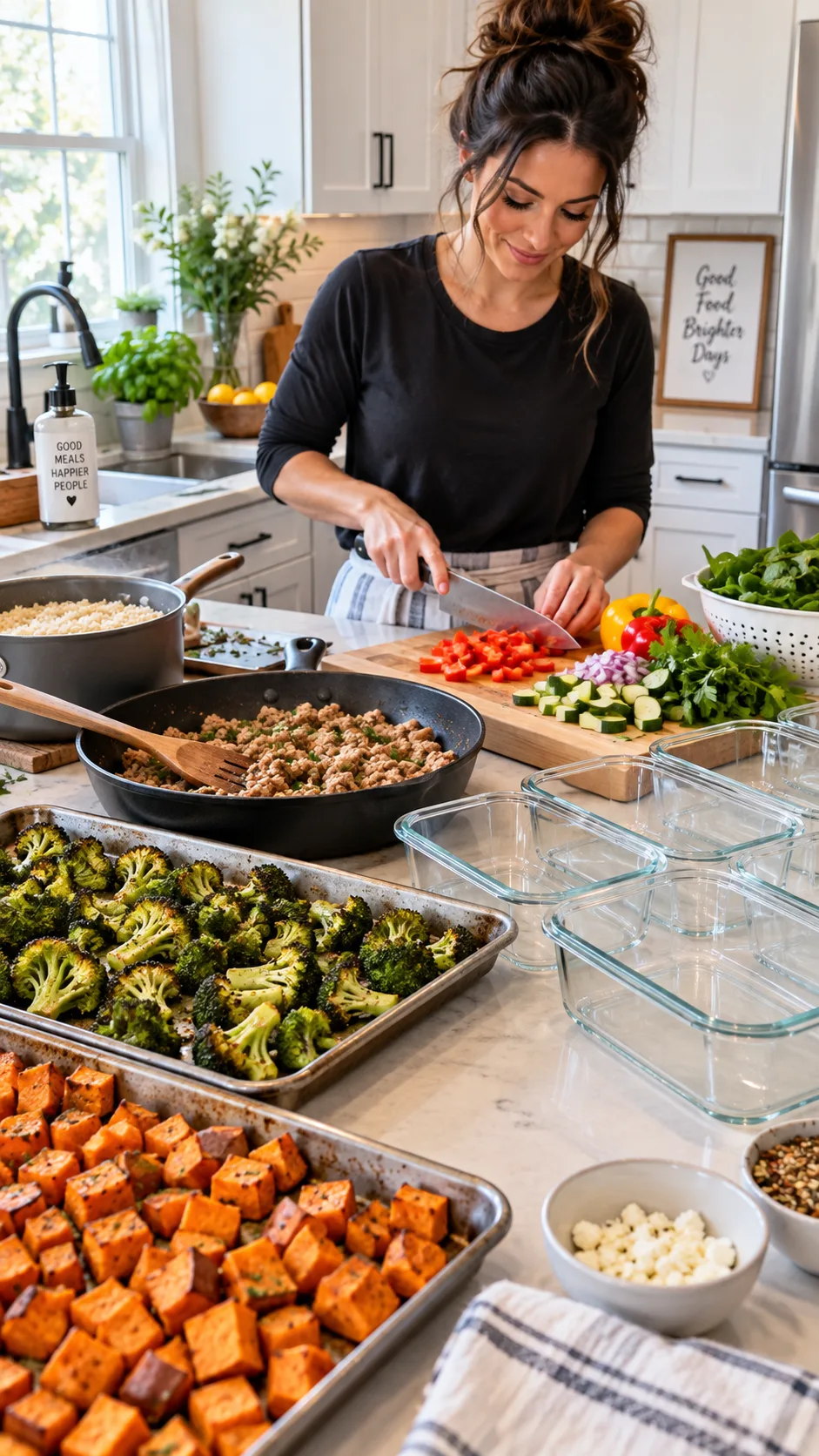 Lifestyle food photography of a person doing efficient Sunday ingredient prep in a bright home kitchen, sheet pans with roasted broccoli and sweet potatoes, skillet of browned ground turkey, pot of rice, chopping board with colorful vegetables, glass storage containers ready on counter, candid organized realistic scene