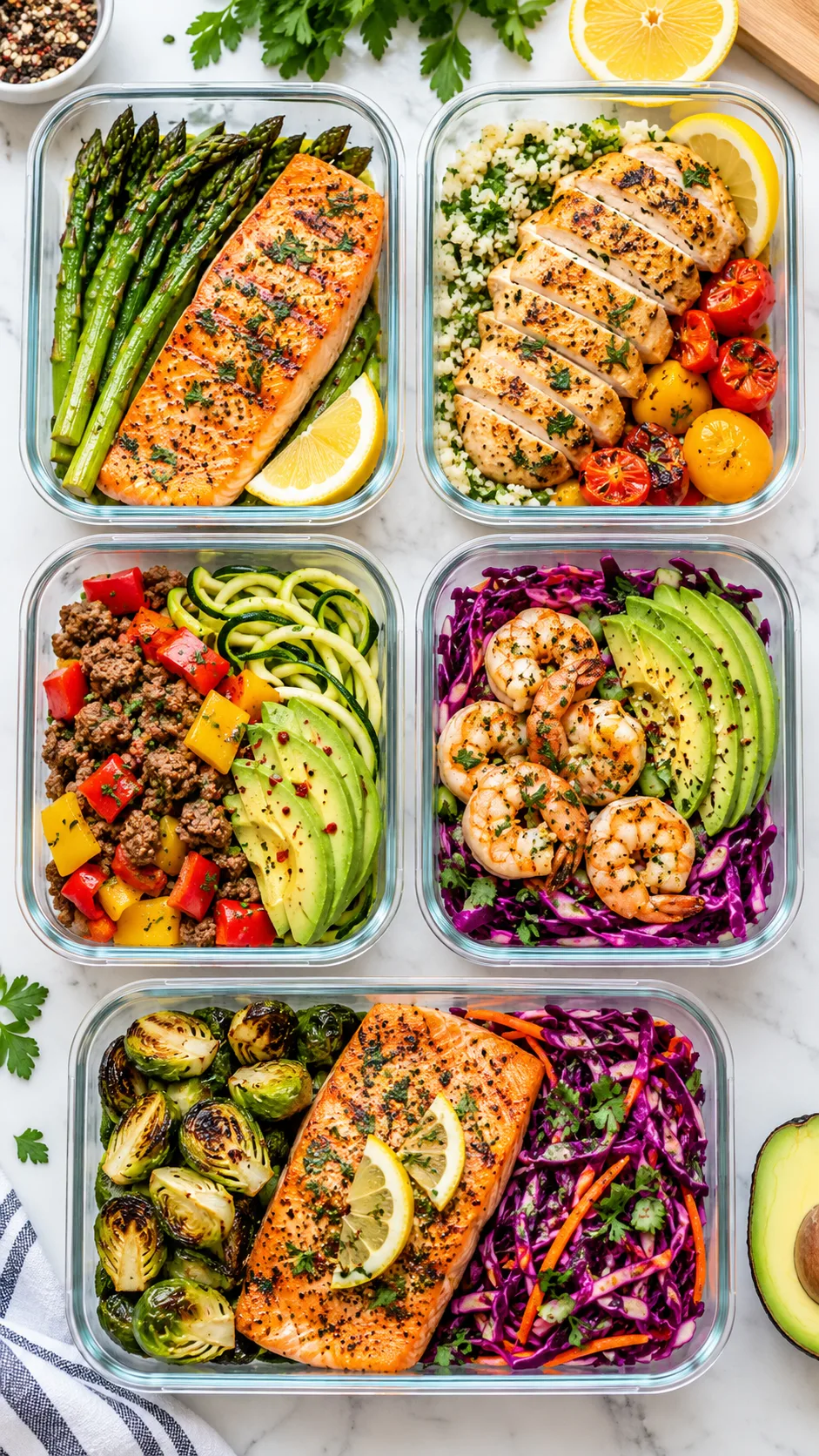 Overhead shot of five glass meal prep containers filled with colorful low-carb diabetic-friendly meals: grilled salmon, roasted asparagus, lemon chicken, avocado slices, and purple cabbage, brightly lit modern kitchen counter