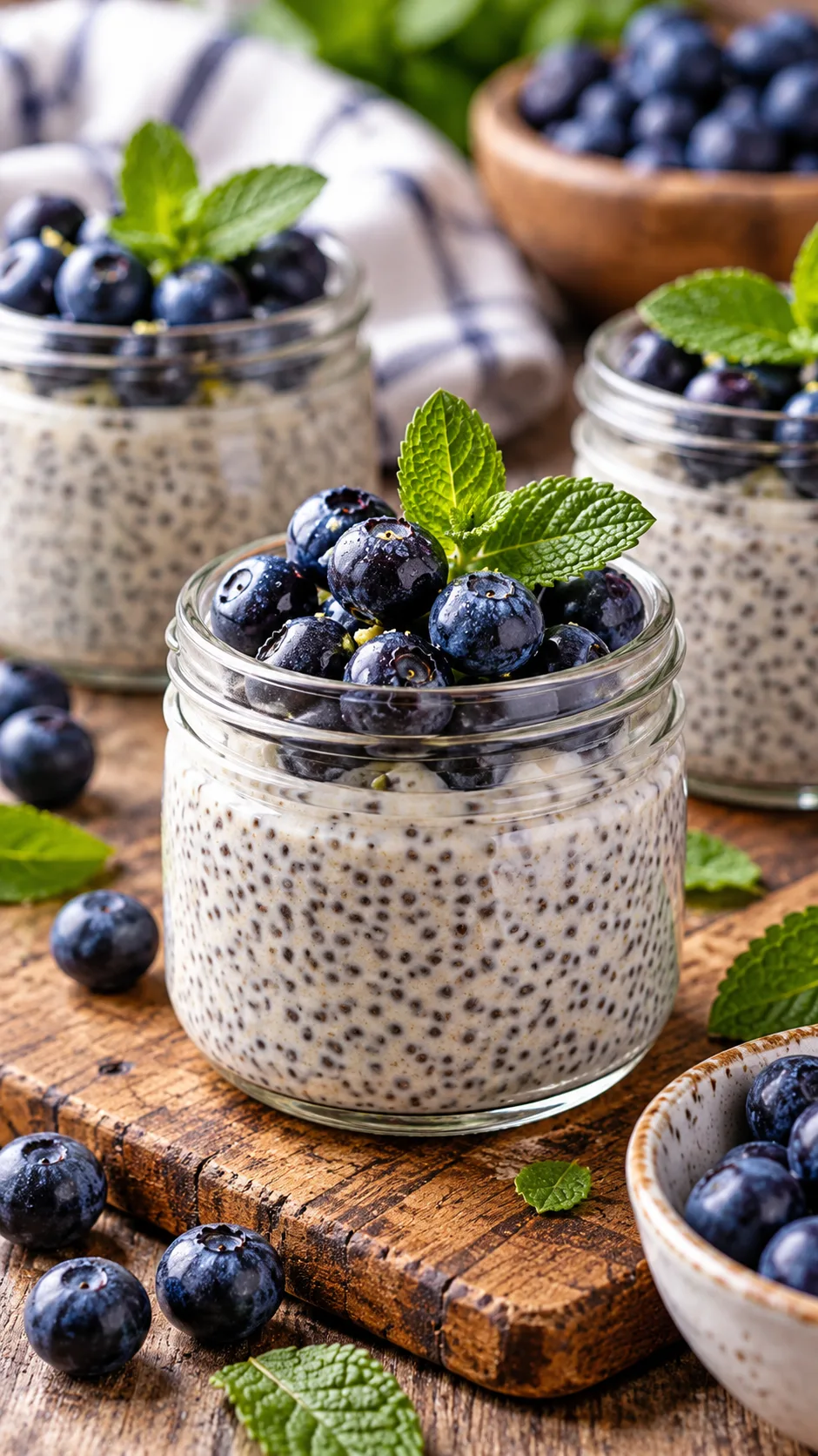 Close up shot of high protein chia pudding in mini glass jars topped with fresh wild blueberries and mint leaves on a rustic kitchen table