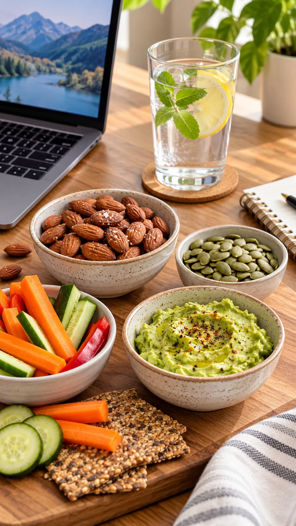 A wooden desk with a laptop, a glass of water, and small bowls filled with healthy diabetic snacks like roasted almonds, pumpkin seeds, and avocado dip